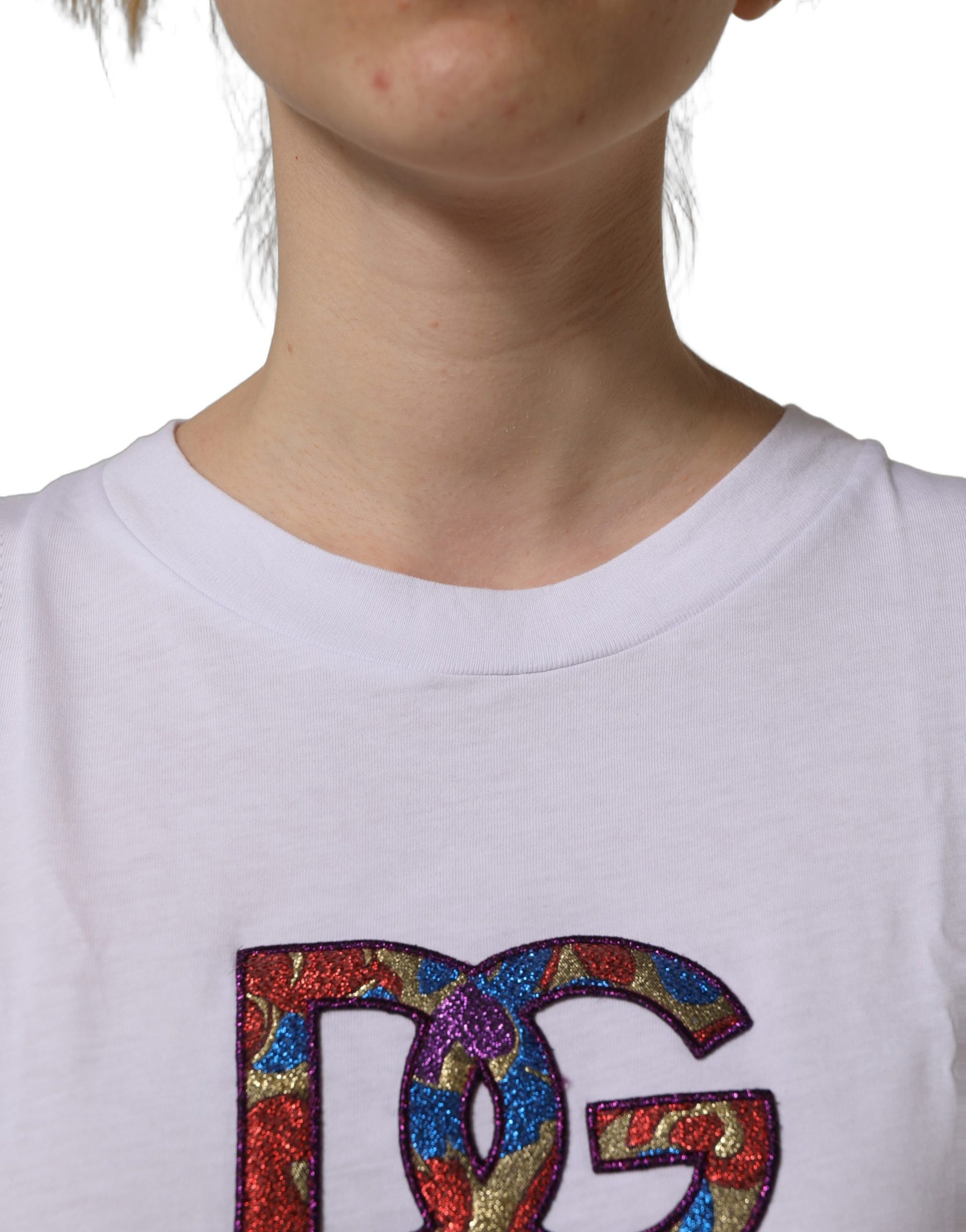 White Logo Patch Cotton Crew Neck T-shirt