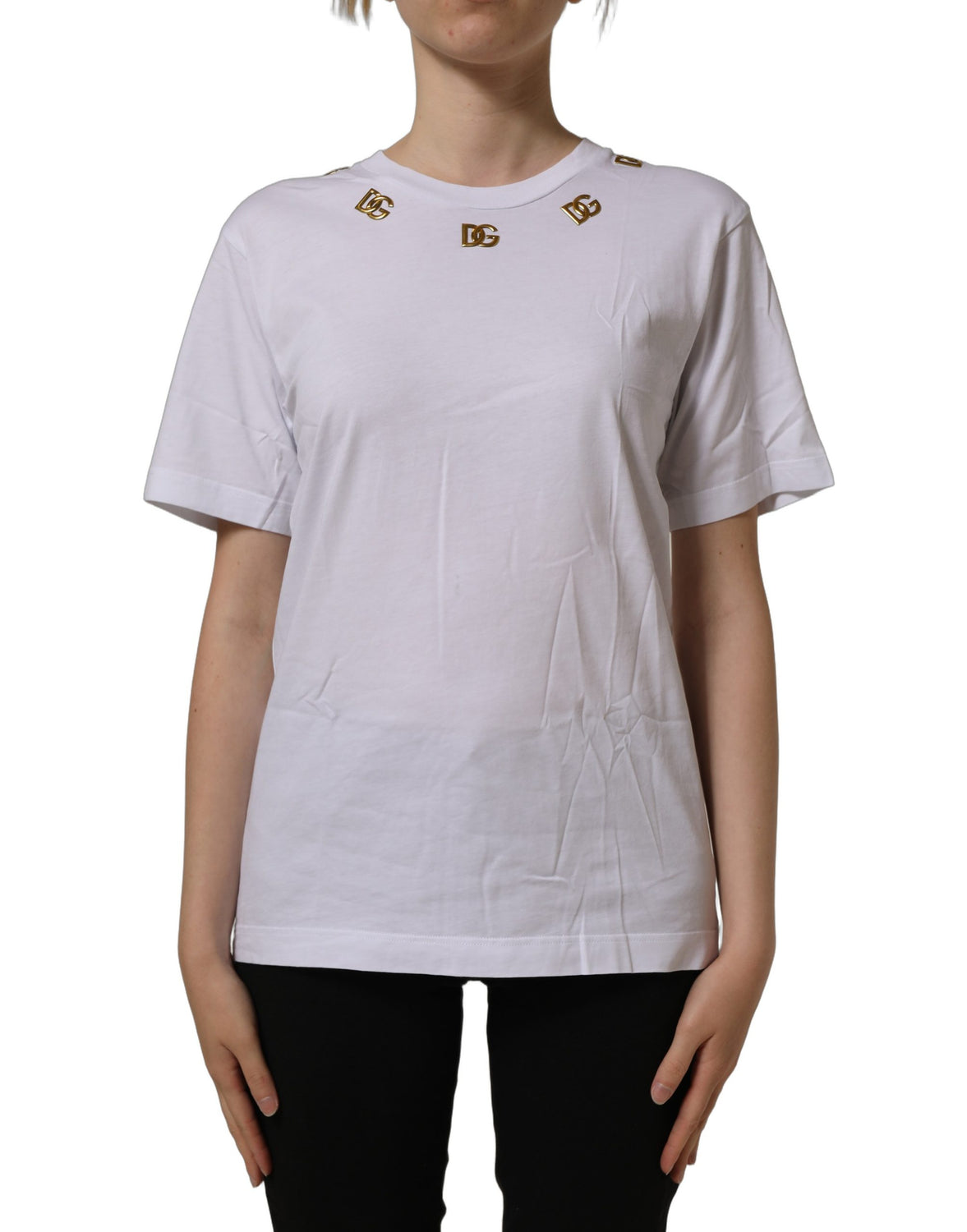 White Cotton Gold DG Logo Crew Neck T-shirt
