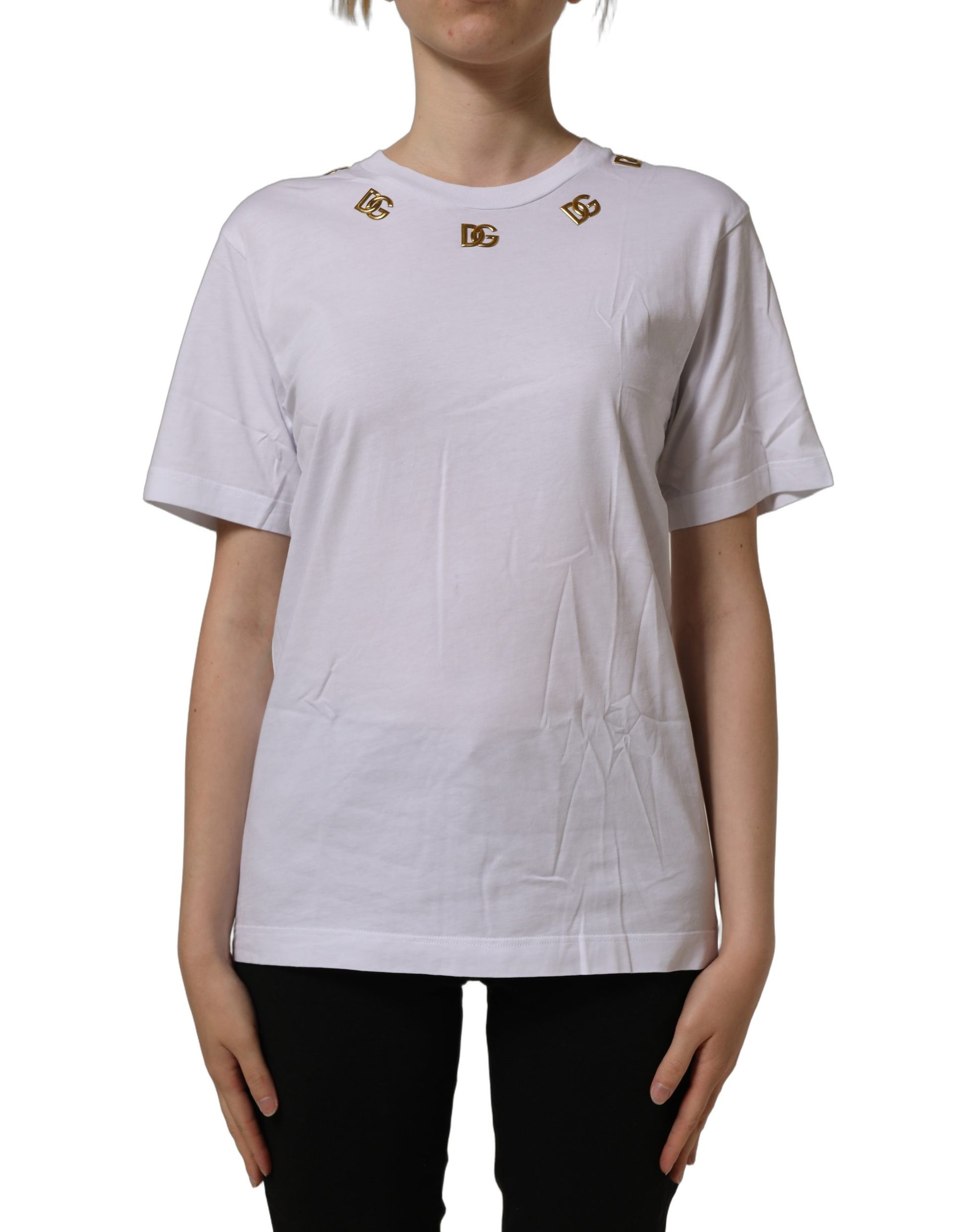 White Cotton Gold DG Logo Crew Neck T-shirt