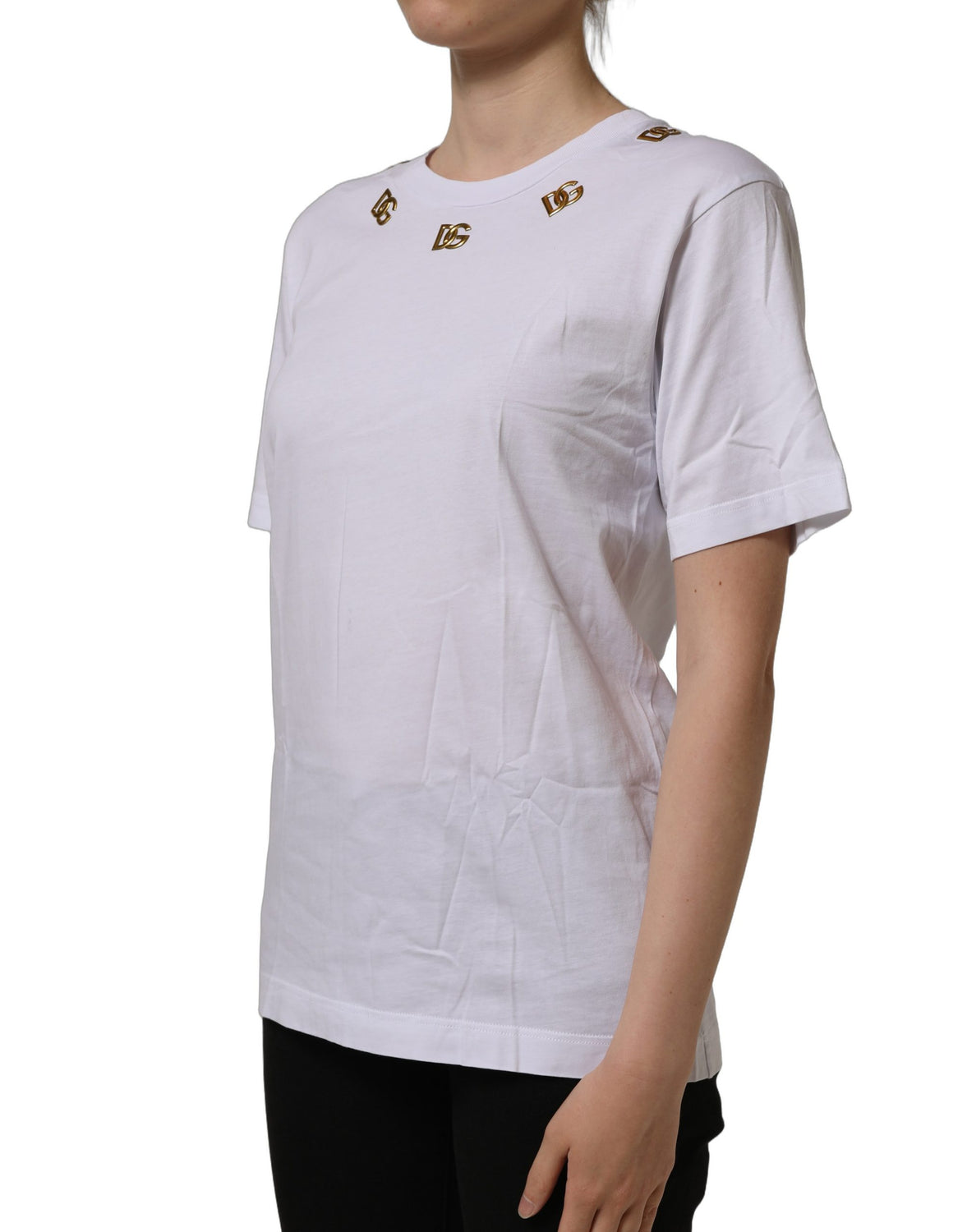 White Cotton Gold DG Logo Crew Neck T-shirt