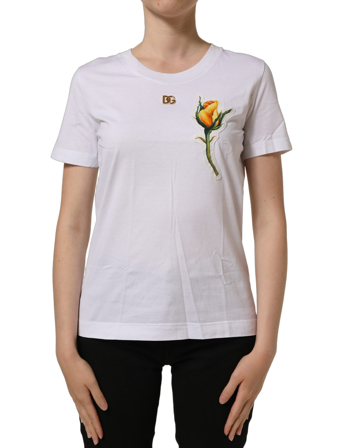 White Cotton Rose Patch Crew Neck T-shirt