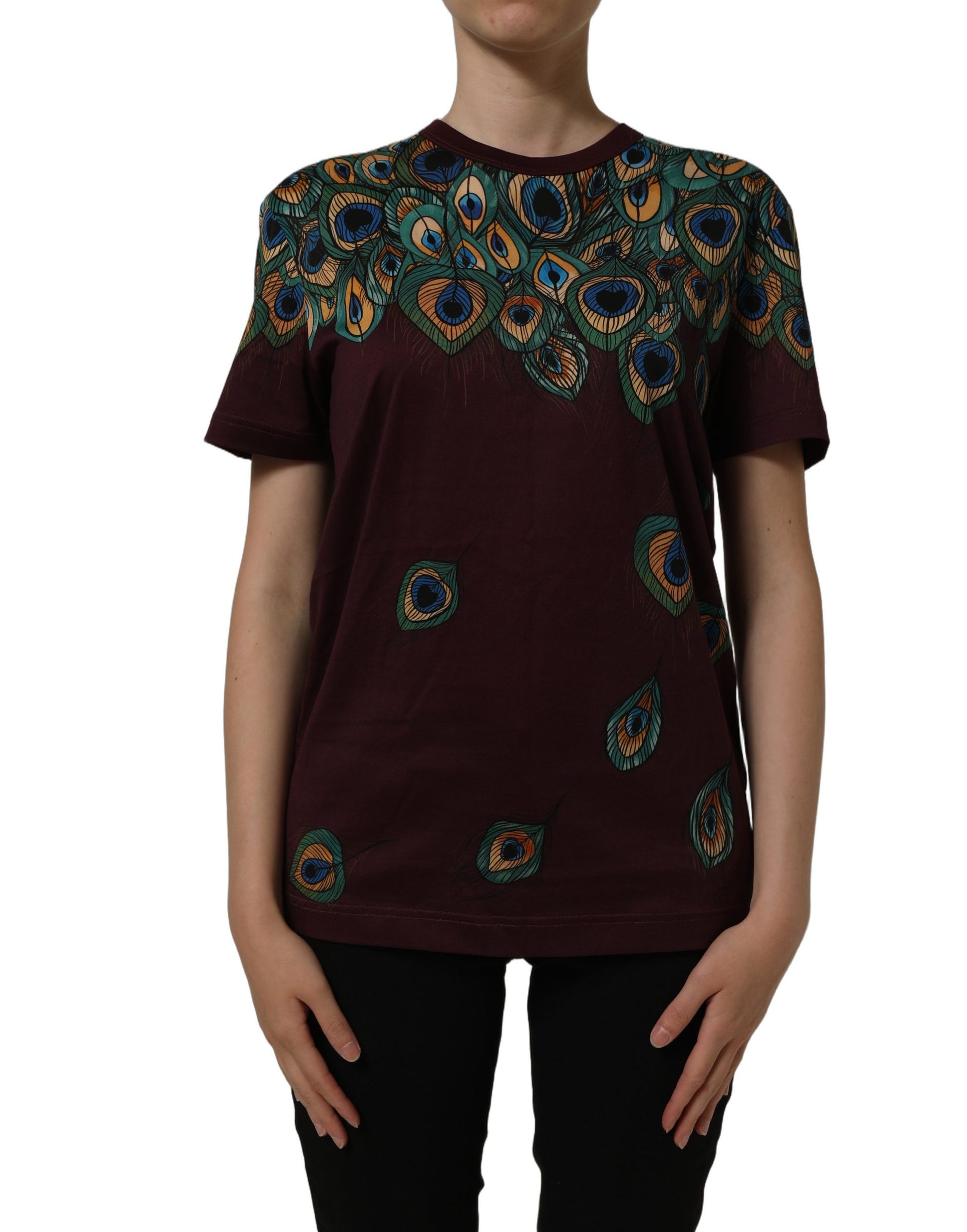 Burgundy Peacock Feather Round Neck T-shirt