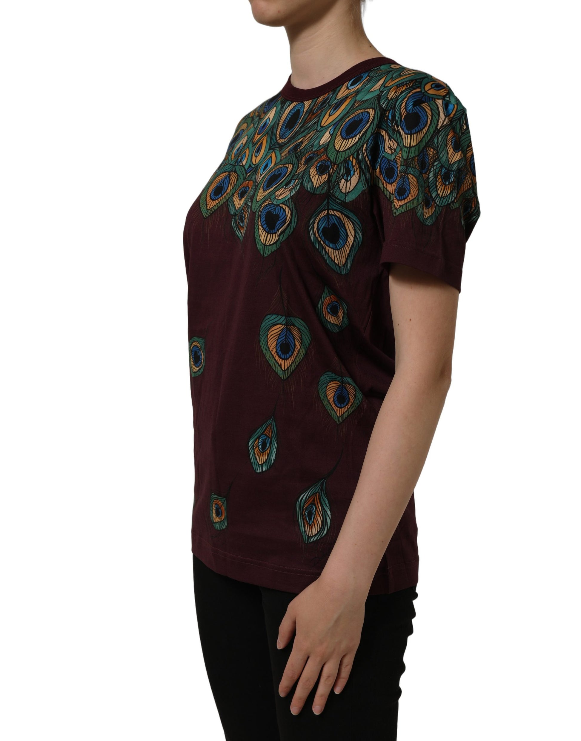 Burgundy Peacock Feather Round Neck T-shirt