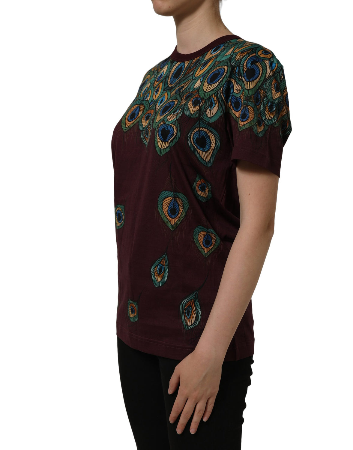 Burgundy Peacock Feather Round Neck T-shirt