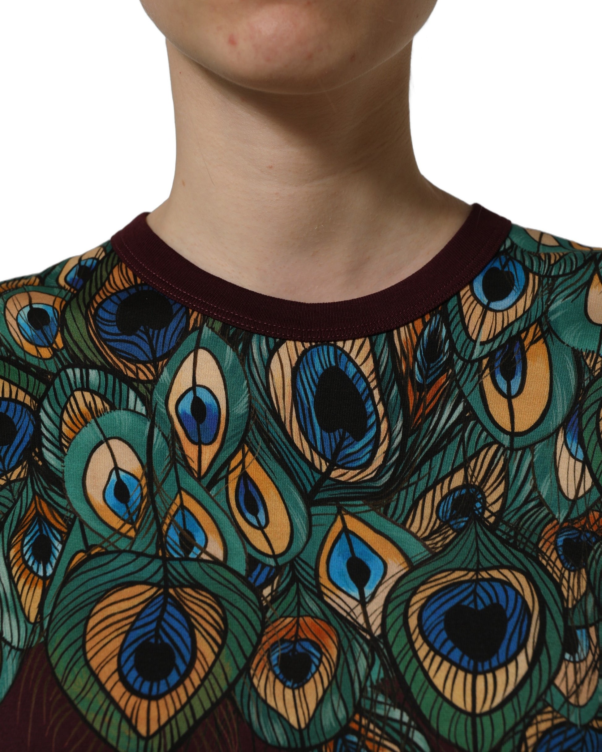 Burgundy Peacock Feather Round Neck T-shirt