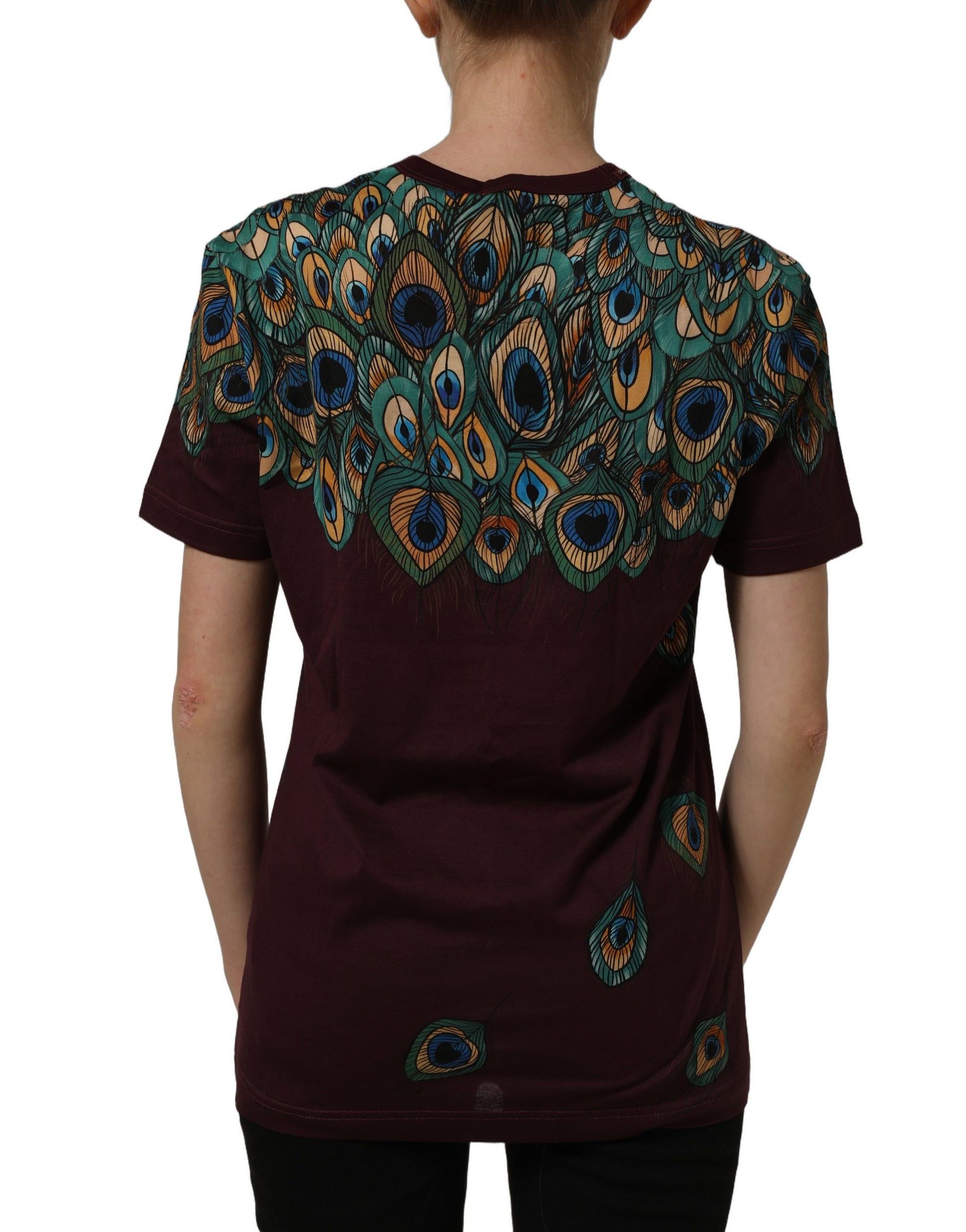 Burgundy Peacock Feather Round Neck T-shirt