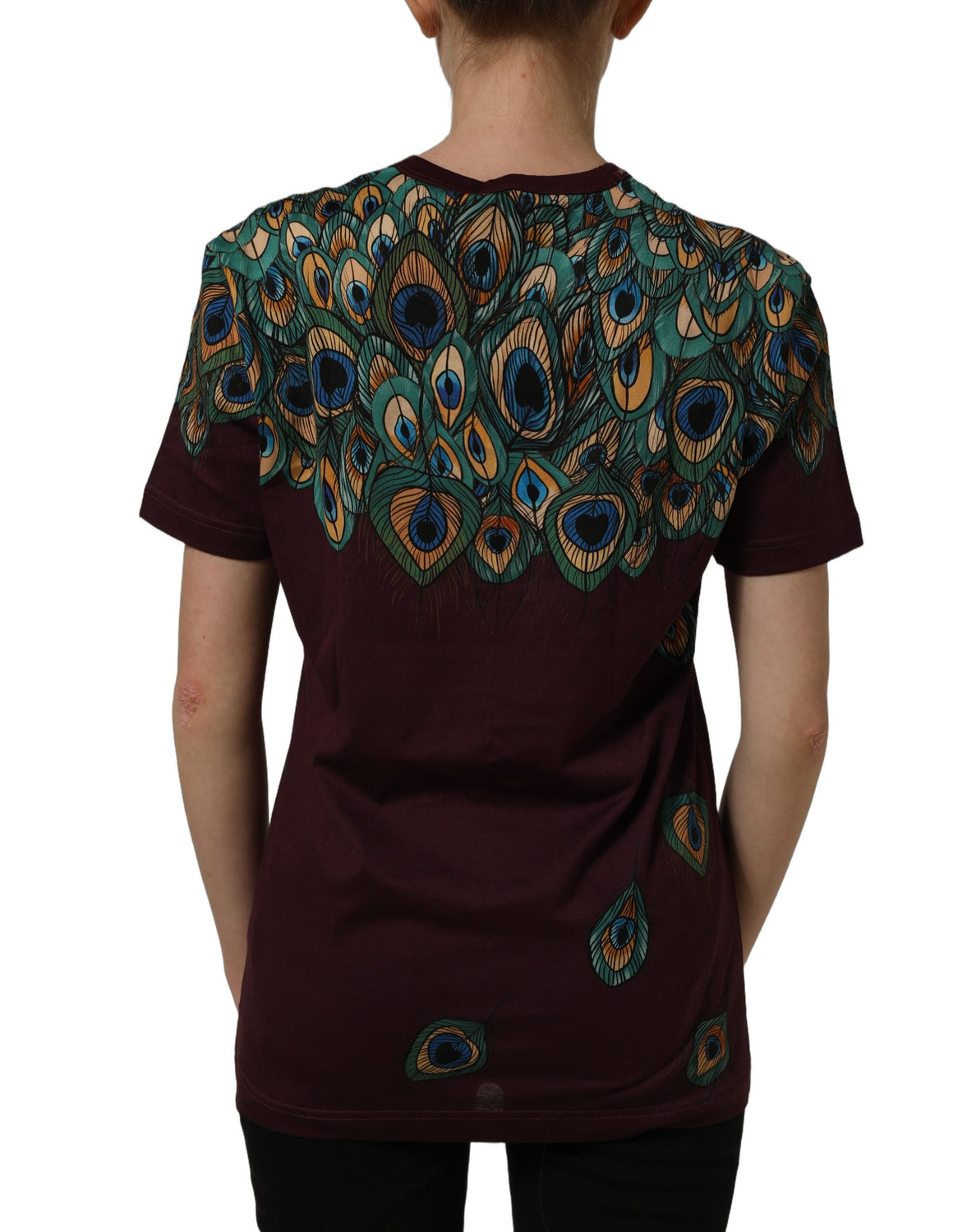 Burgundy Peacock Feather Round Neck T-shirt