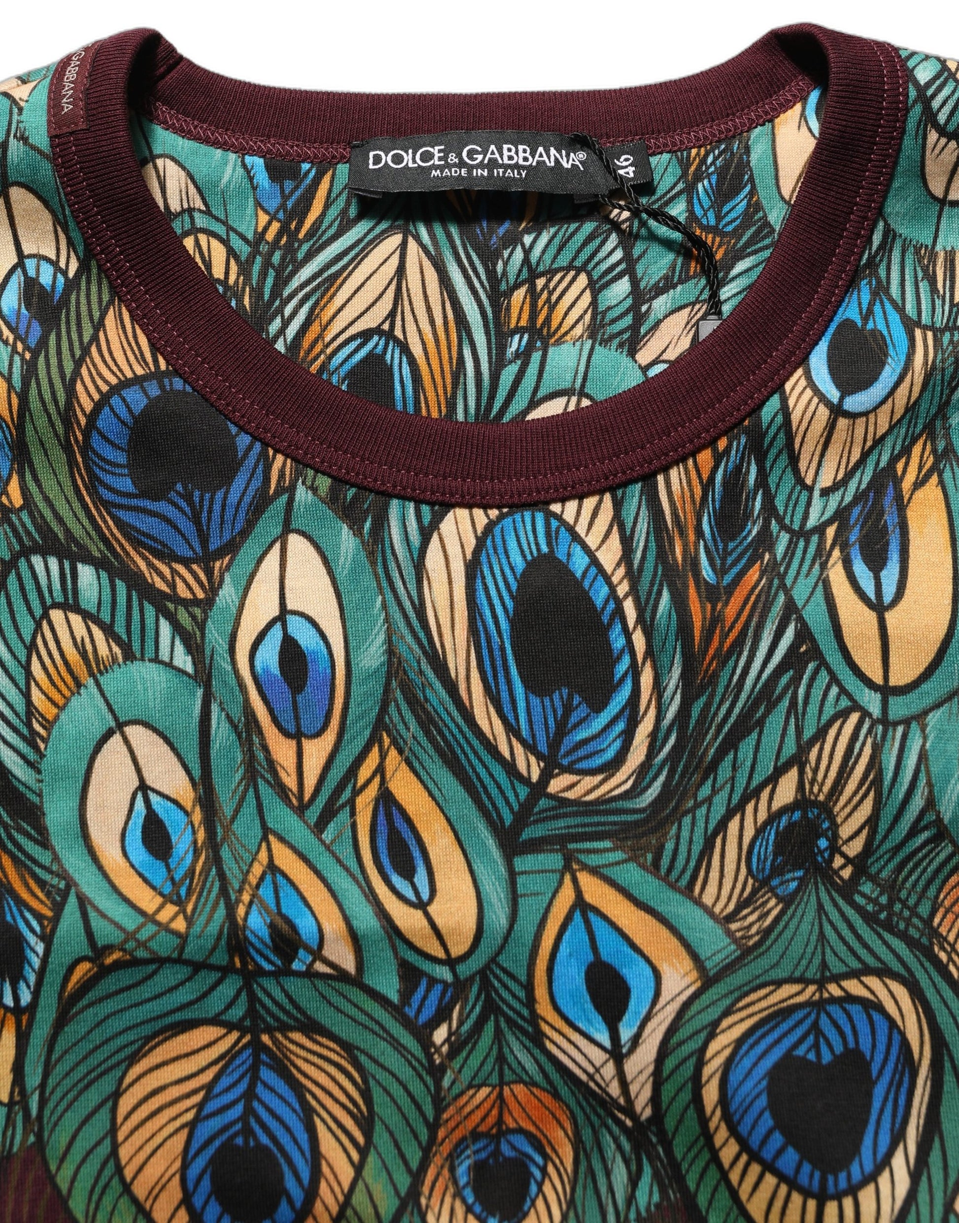 Burgundy Peacock Feather Round Neck T-shirt