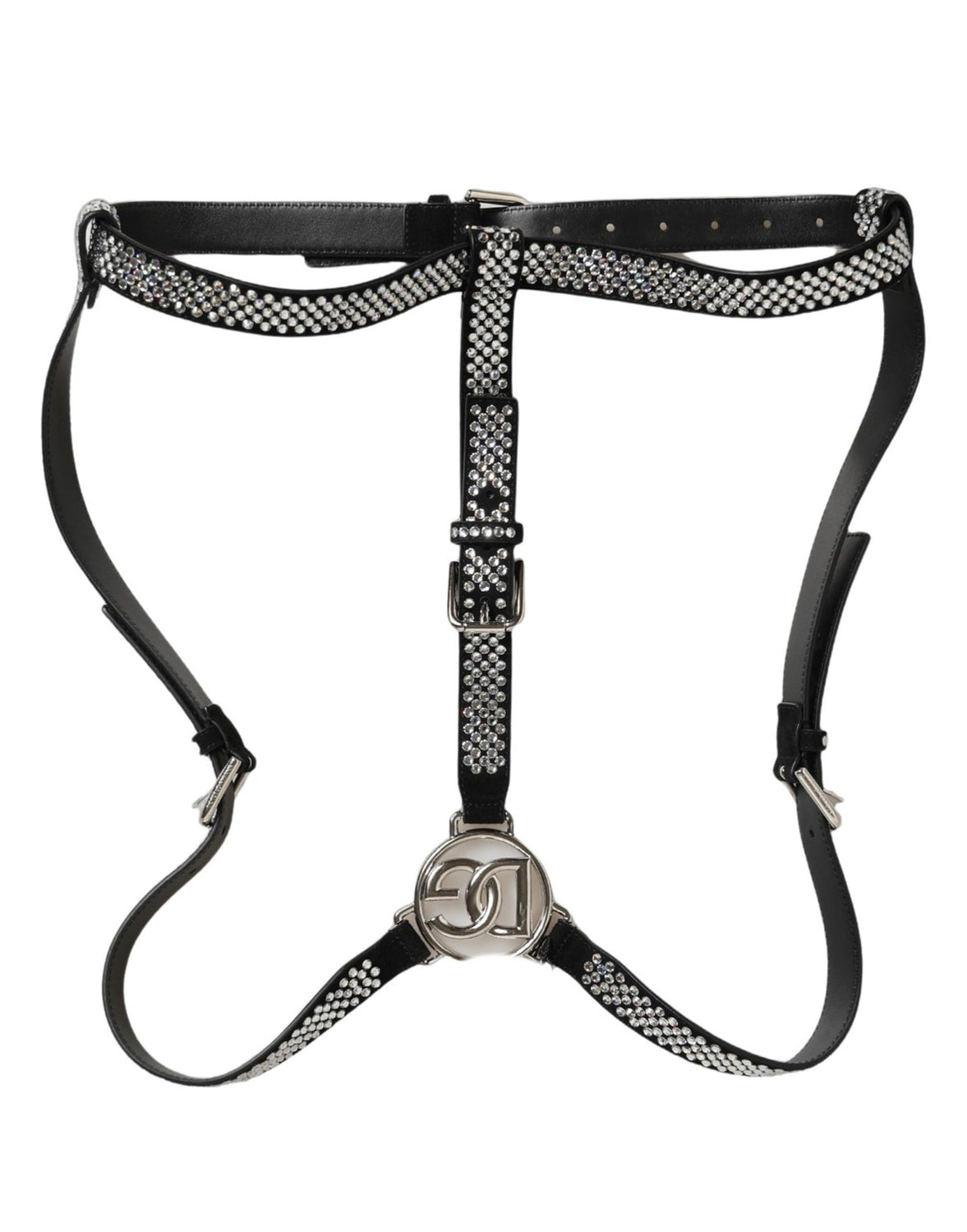 Black Leather Rhinestones Embellished Men Suspender