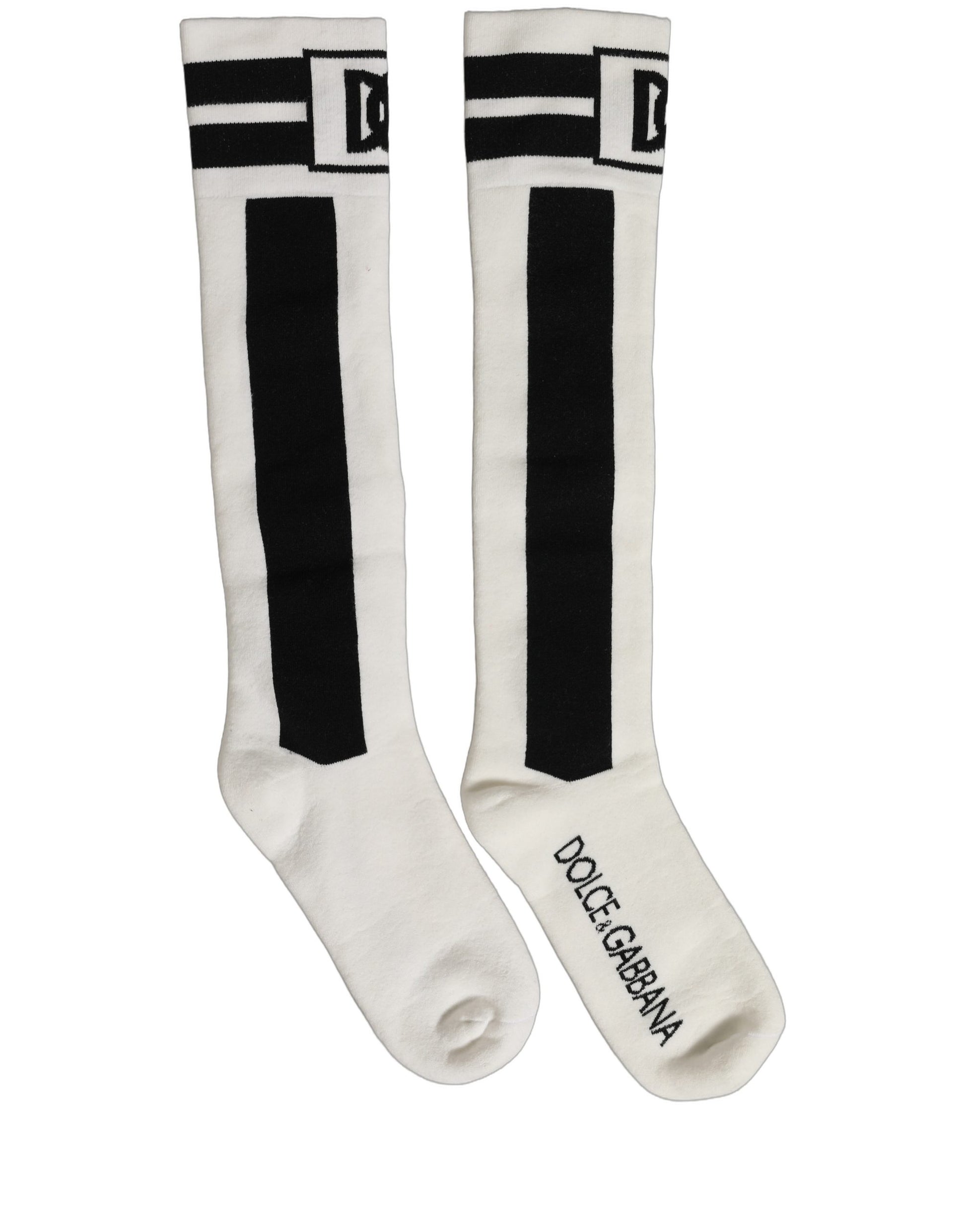 White Black Cotton Stretch Knee High Socks