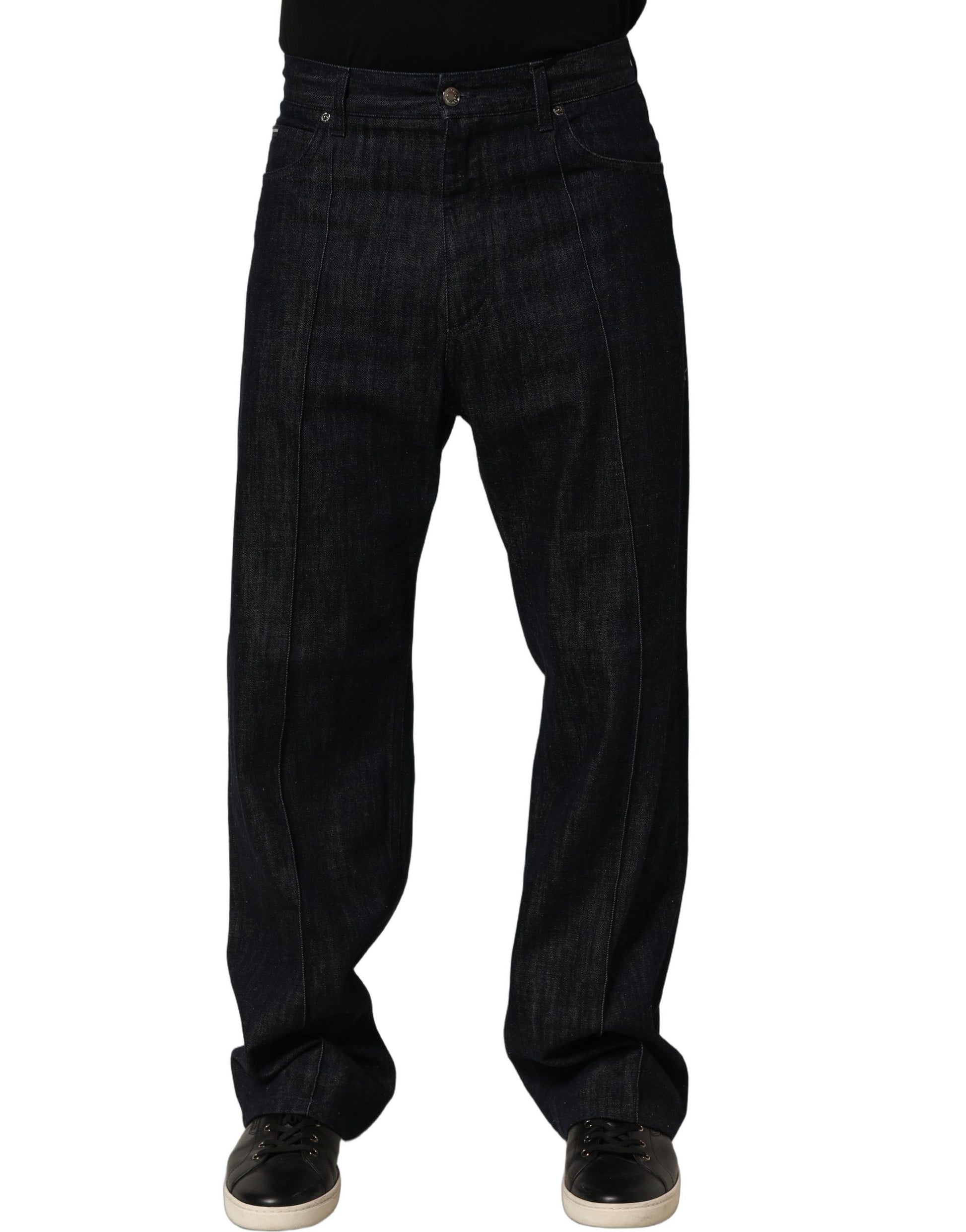 Dark Blue Relaxed Wide Leg Cotton Denim Jeans