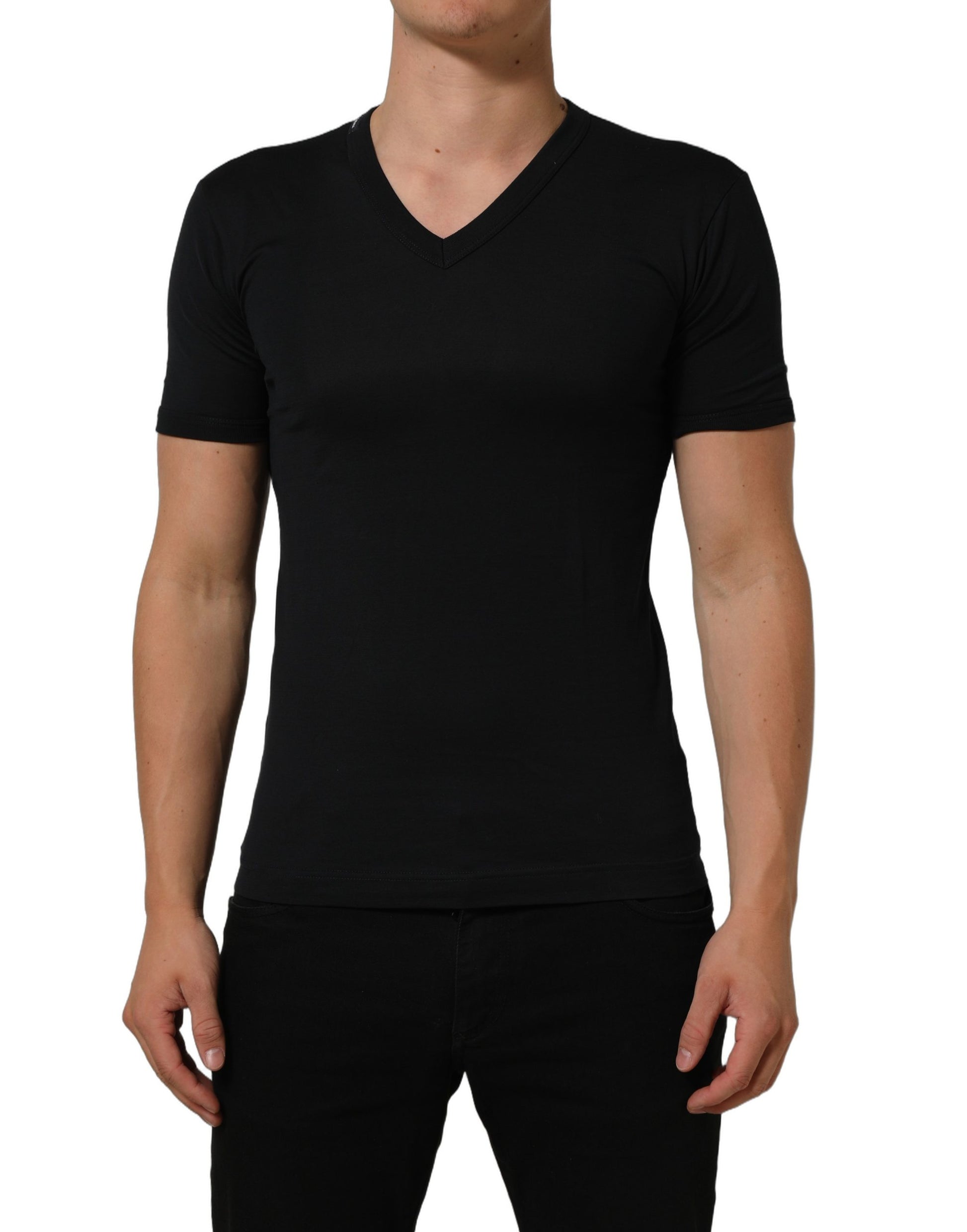 Dark Blue Cotton V-Neck Short Sleeve T-shirt