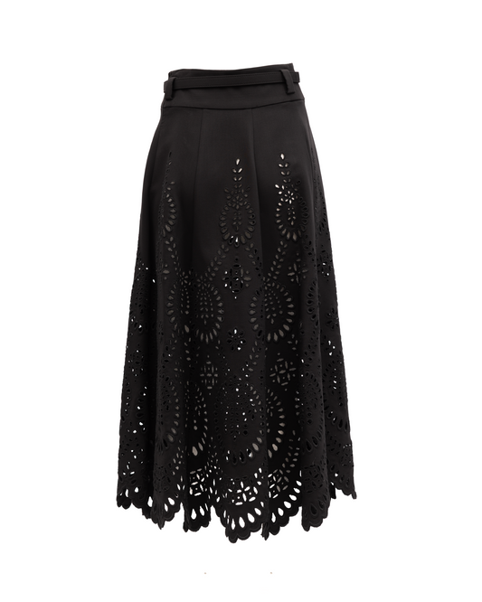 Cut-Out Floral Midi Black Skirt