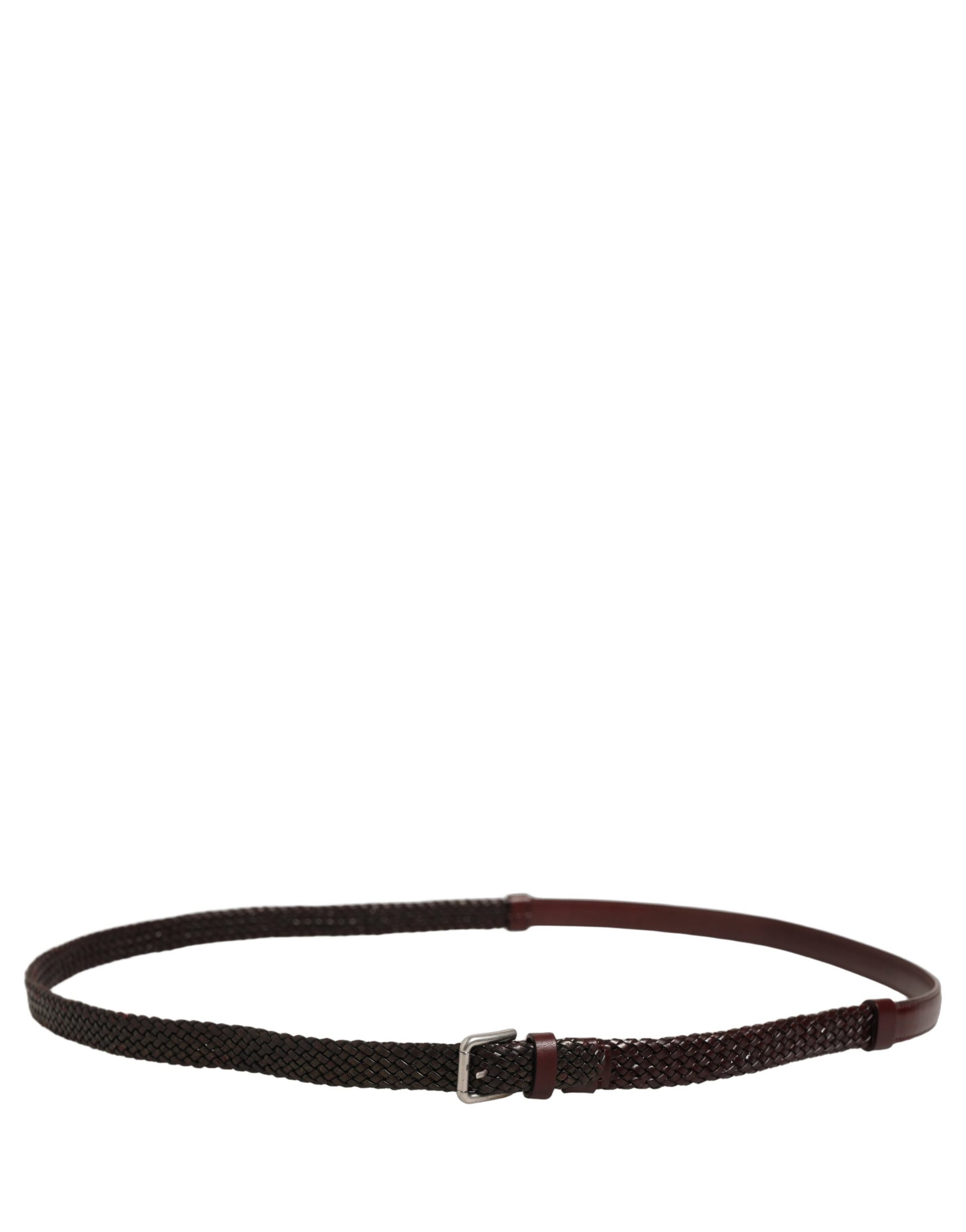 Dark Brown Woven Leather Metal Buckle Belt