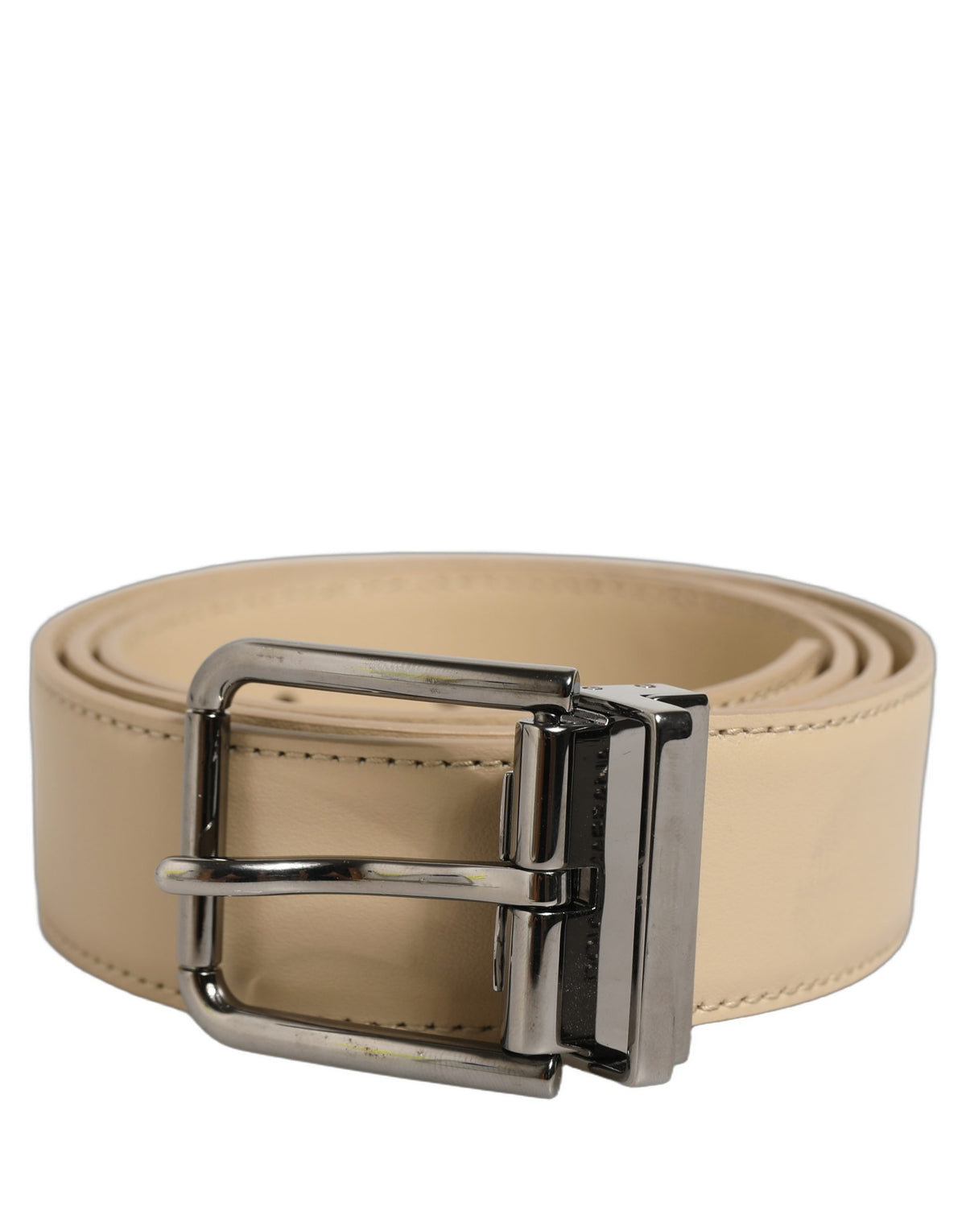 Beige Leather Silver Tone Metal Buckle Belt