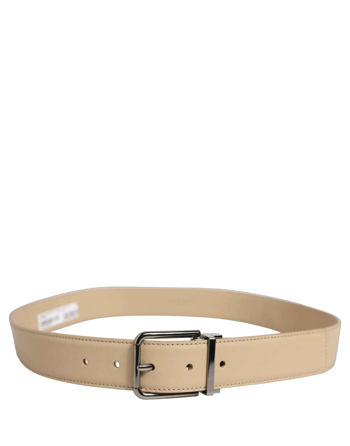 Beige Leather Silver Tone Metal Buckle Belt