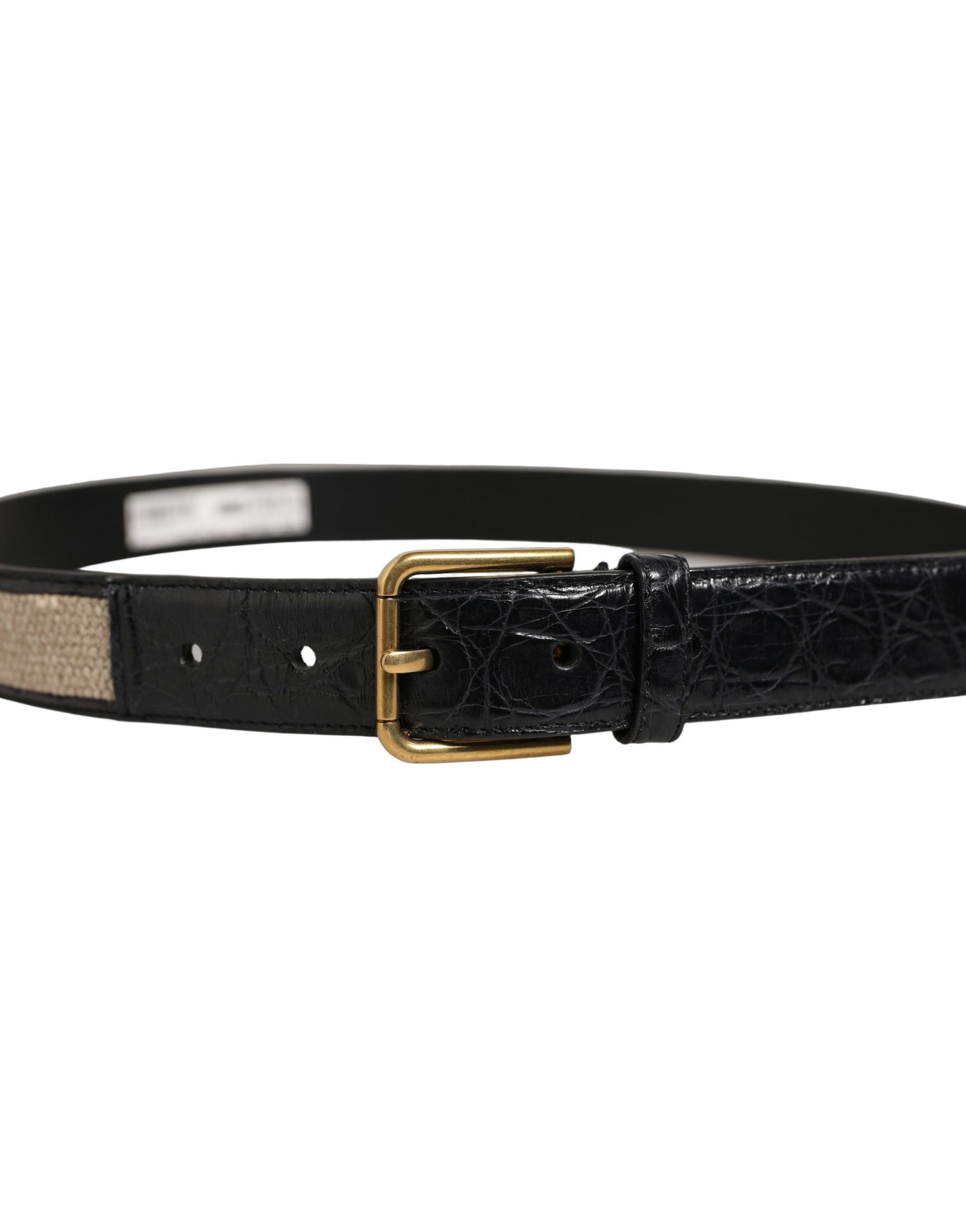 Beige Black Woven Leather Metal Buckle Belt