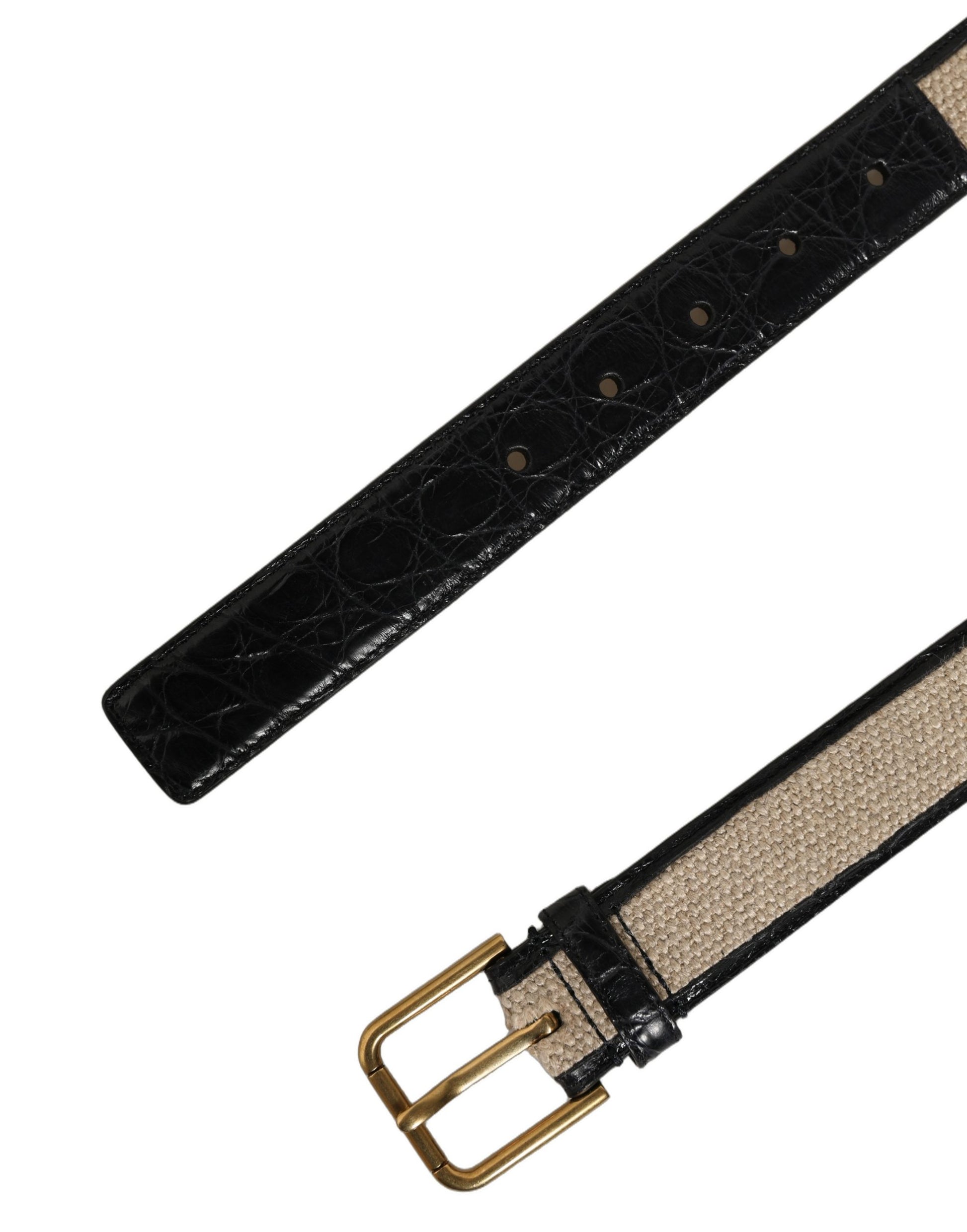 Beige Black Woven Leather Metal Buckle Belt