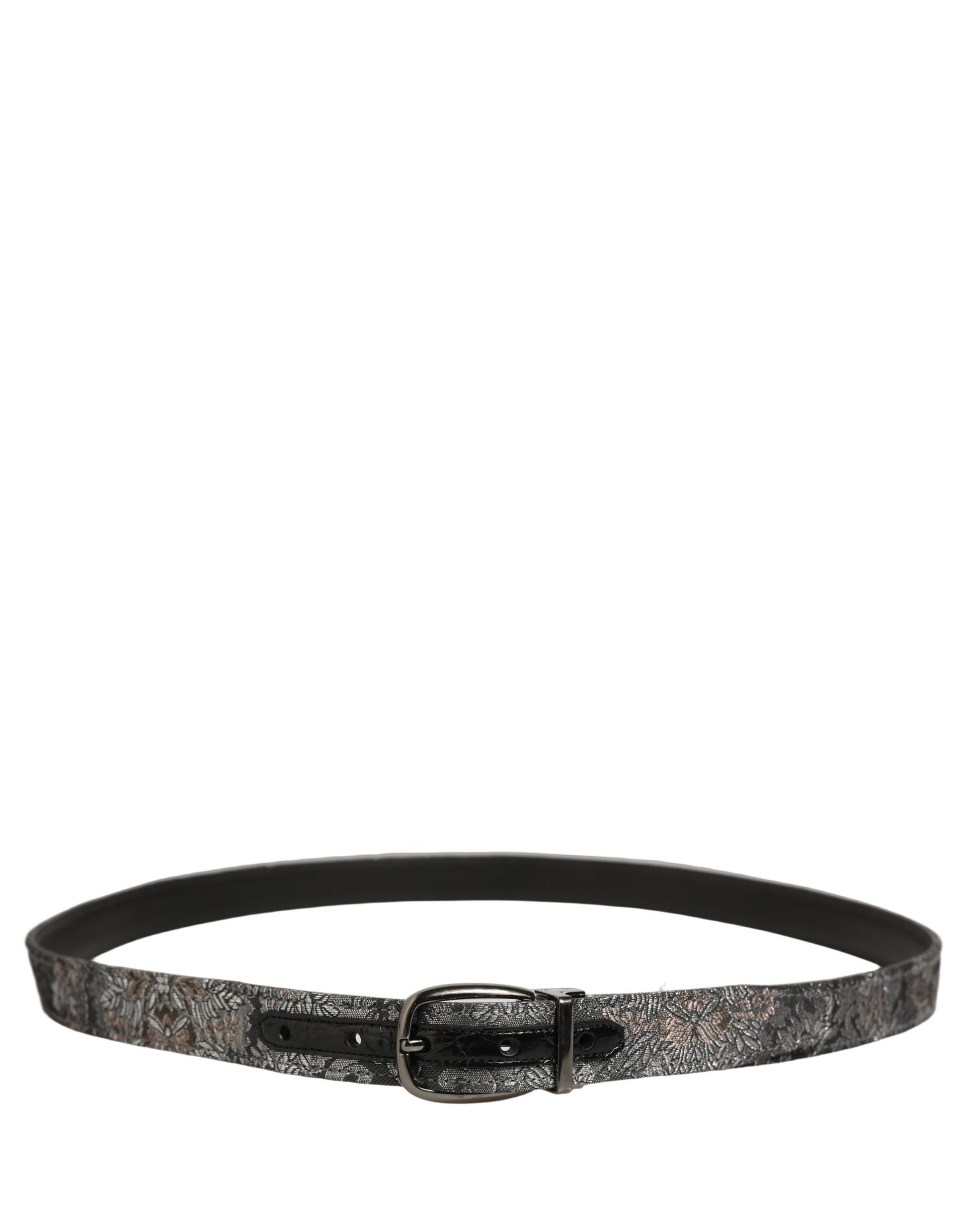 Silver Black Floral Jacquard Metal Buckle Belt