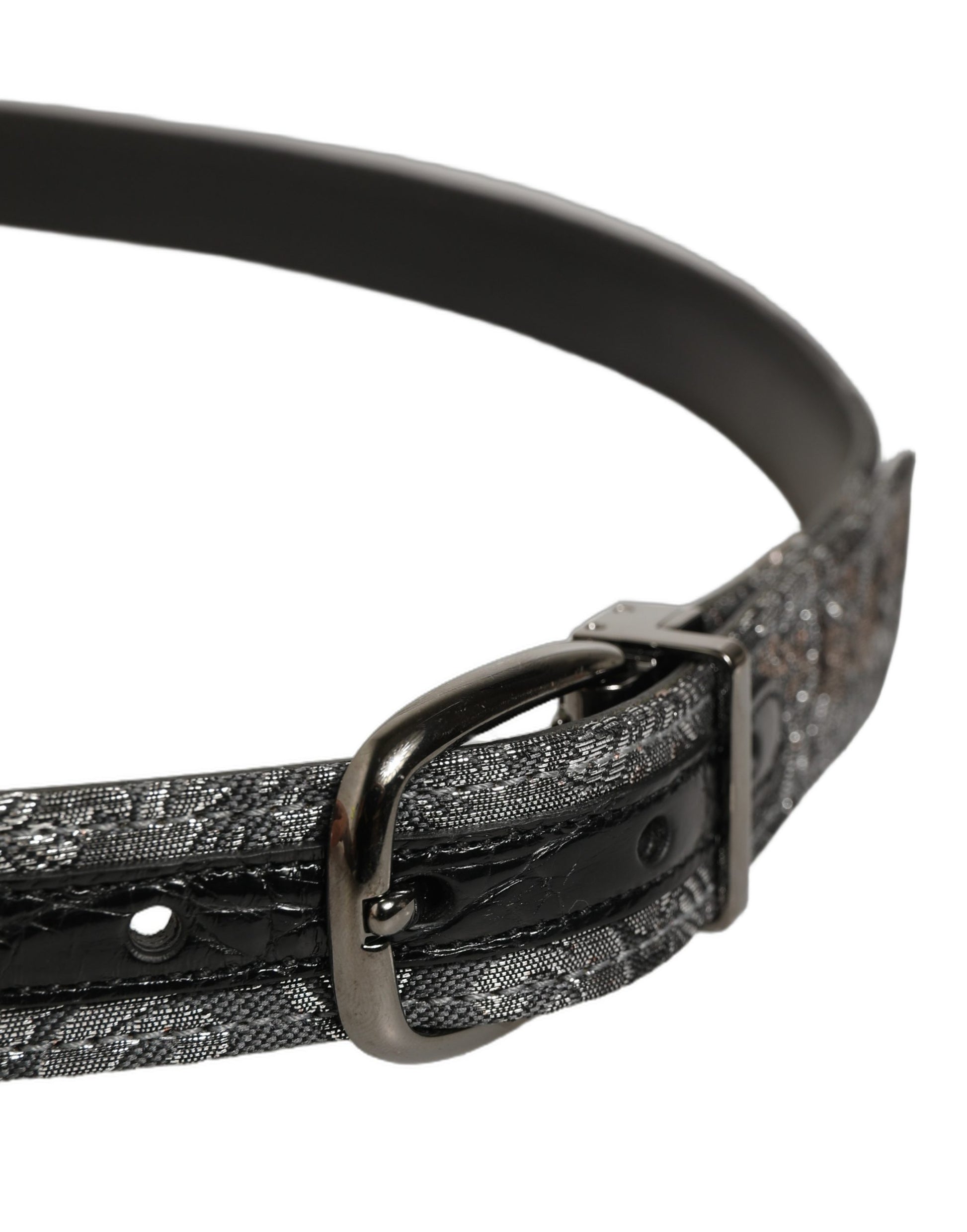 Silver Black Floral Jacquard Metal Buckle Belt