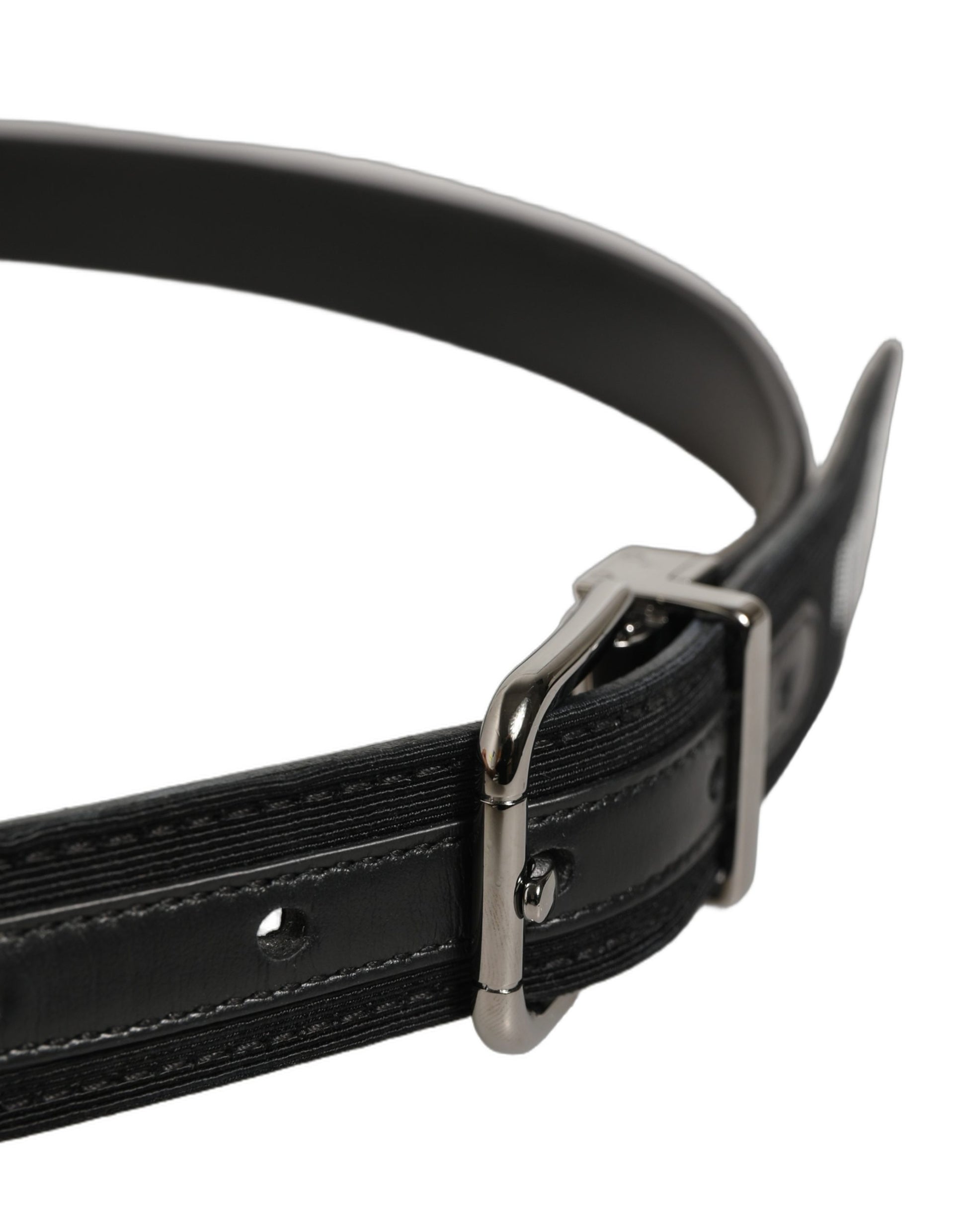 Black Fabric Leather Barcode Silver Buckle Belt