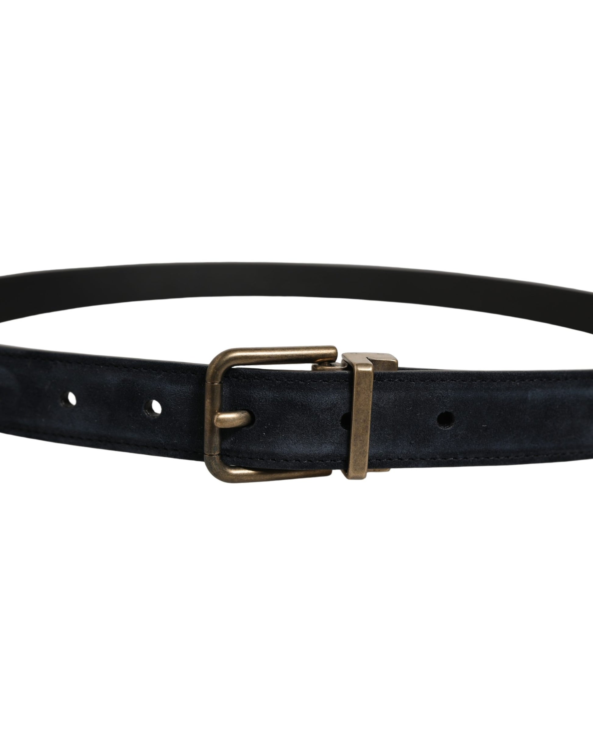 Men Black Leather Gold Tone Metal Buckle Belt