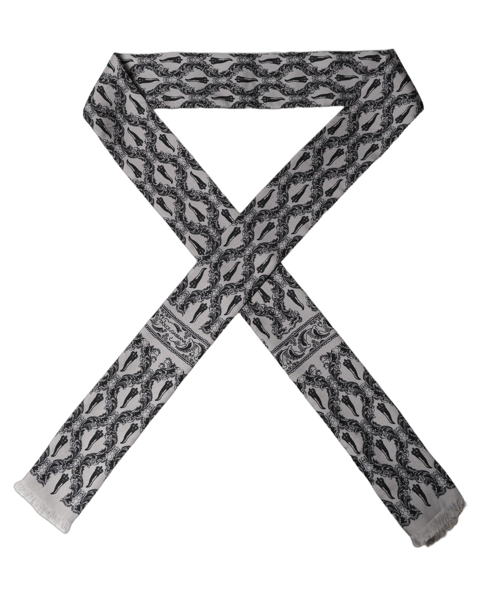 Gray Baroque Silk Fringed Skinny Foulard Scarf
