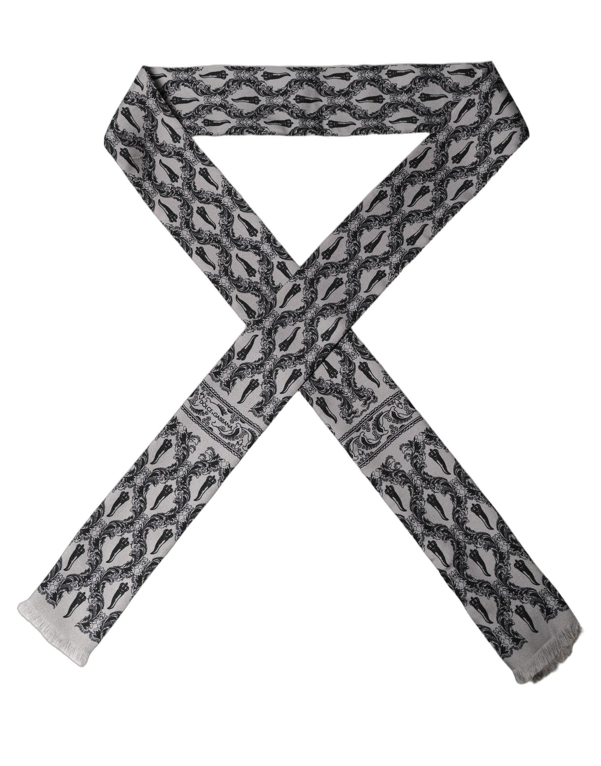 Gray Baroque Silk Fringed Skinny Foulard Scarf