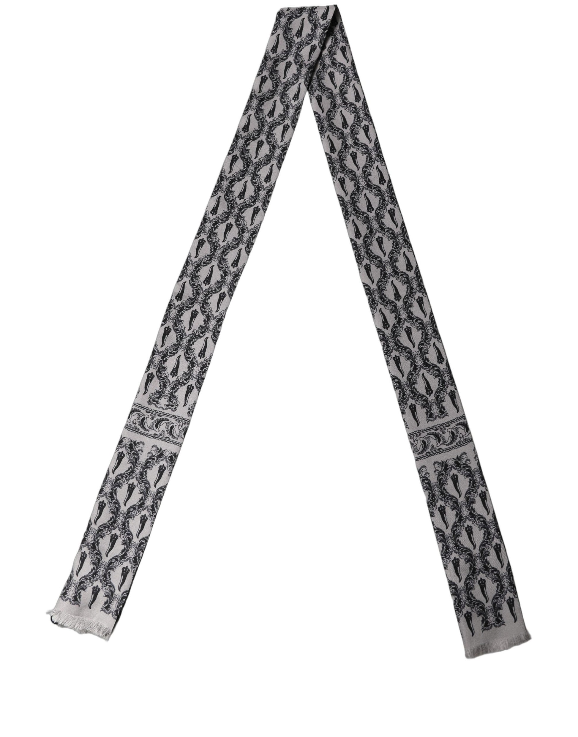 Gray Baroque Silk Fringed Skinny Foulard Scarf
