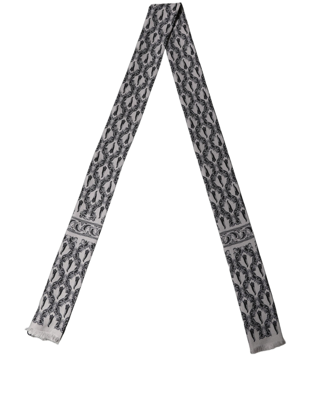 Gray Baroque Silk Fringed Skinny Foulard Scarf