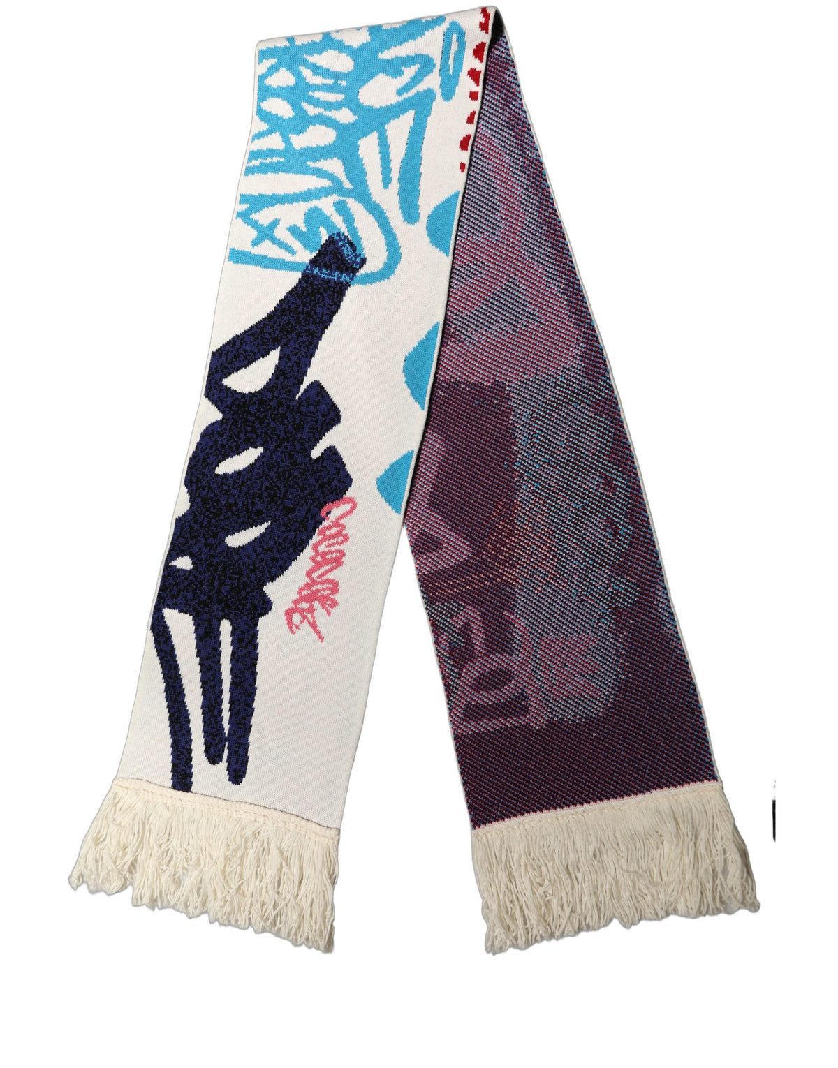 White Graphic Cashmere Fringed Shawl Scarf