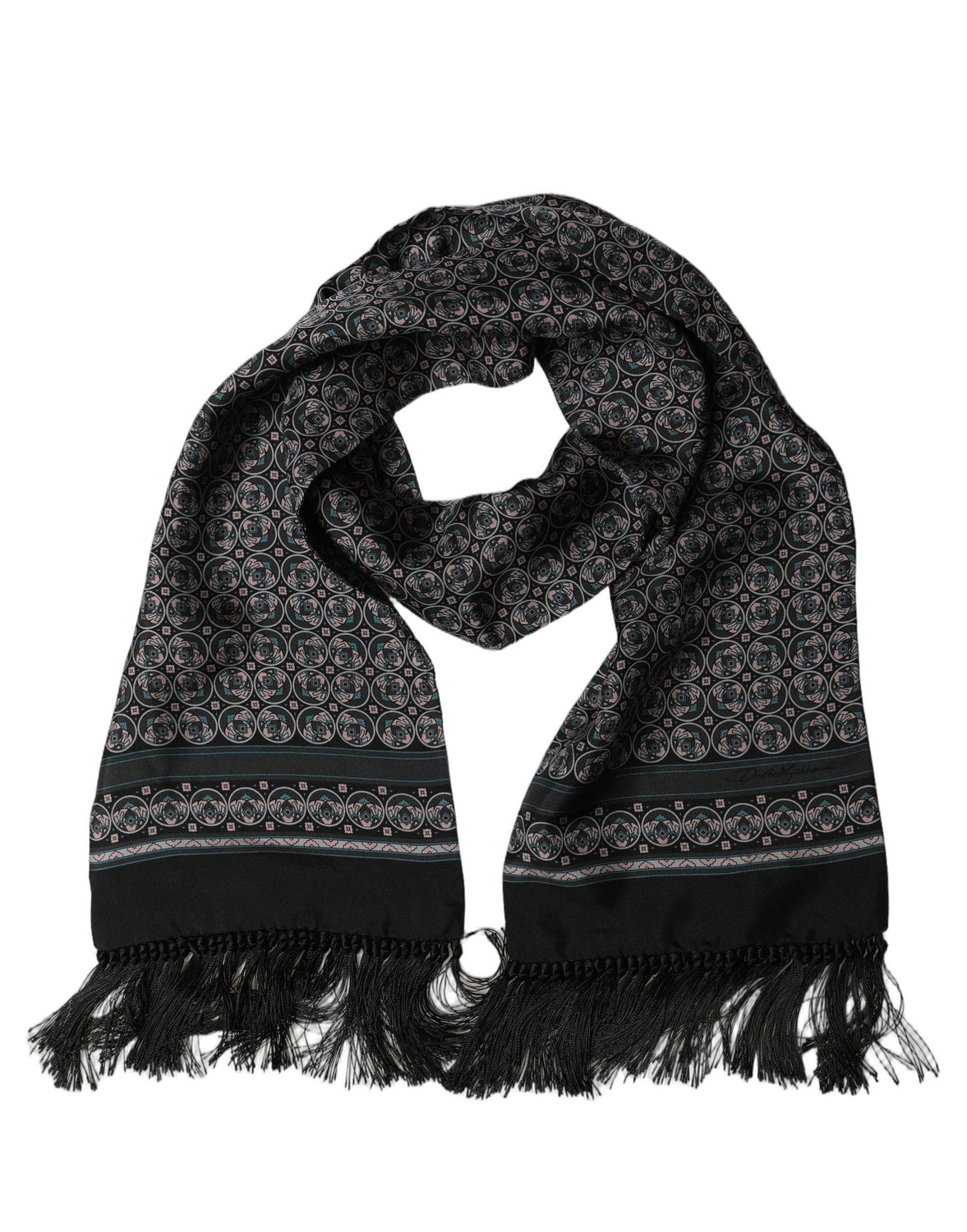 Black Silk Geometric Fringed Neck Shawl Scarf