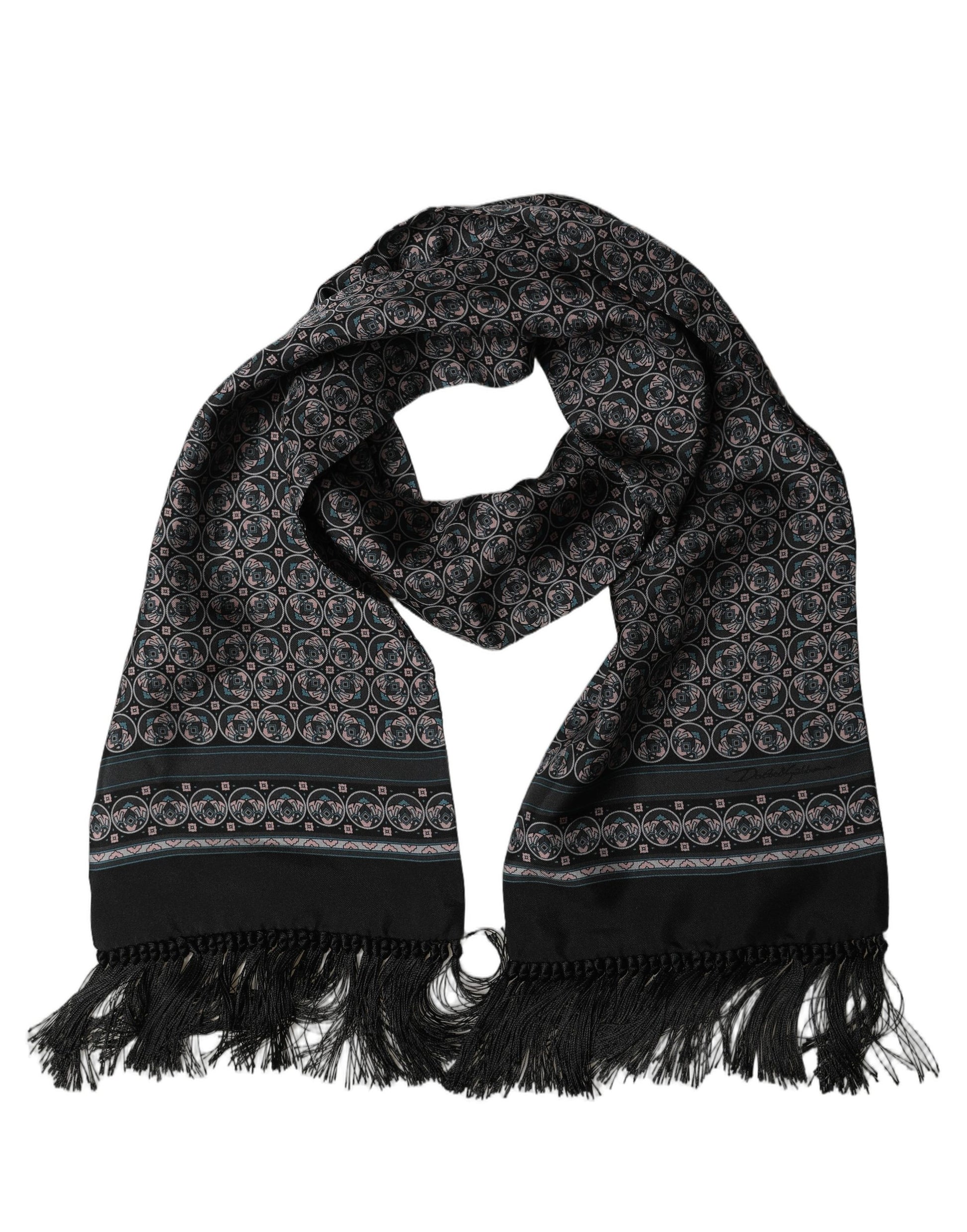 Black Silk Geometric Fringed Neck Shawl Scarf