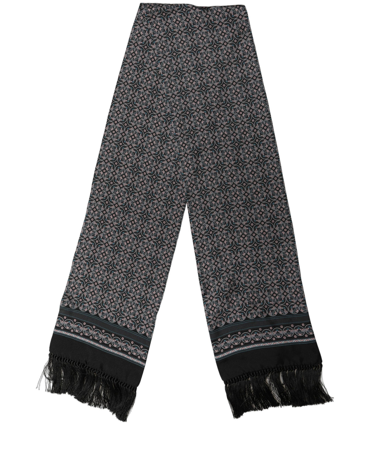 Black Silk Geometric Fringed Neck Shawl Scarf