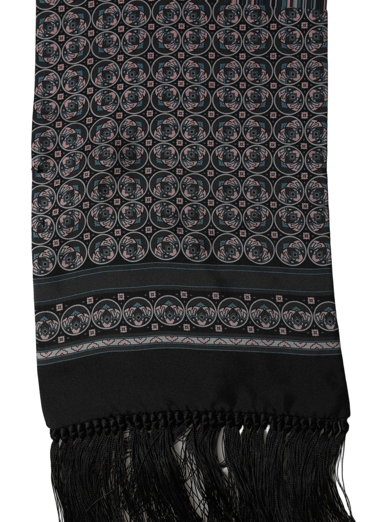 Black Silk Geometric Fringed Neck Shawl Scarf