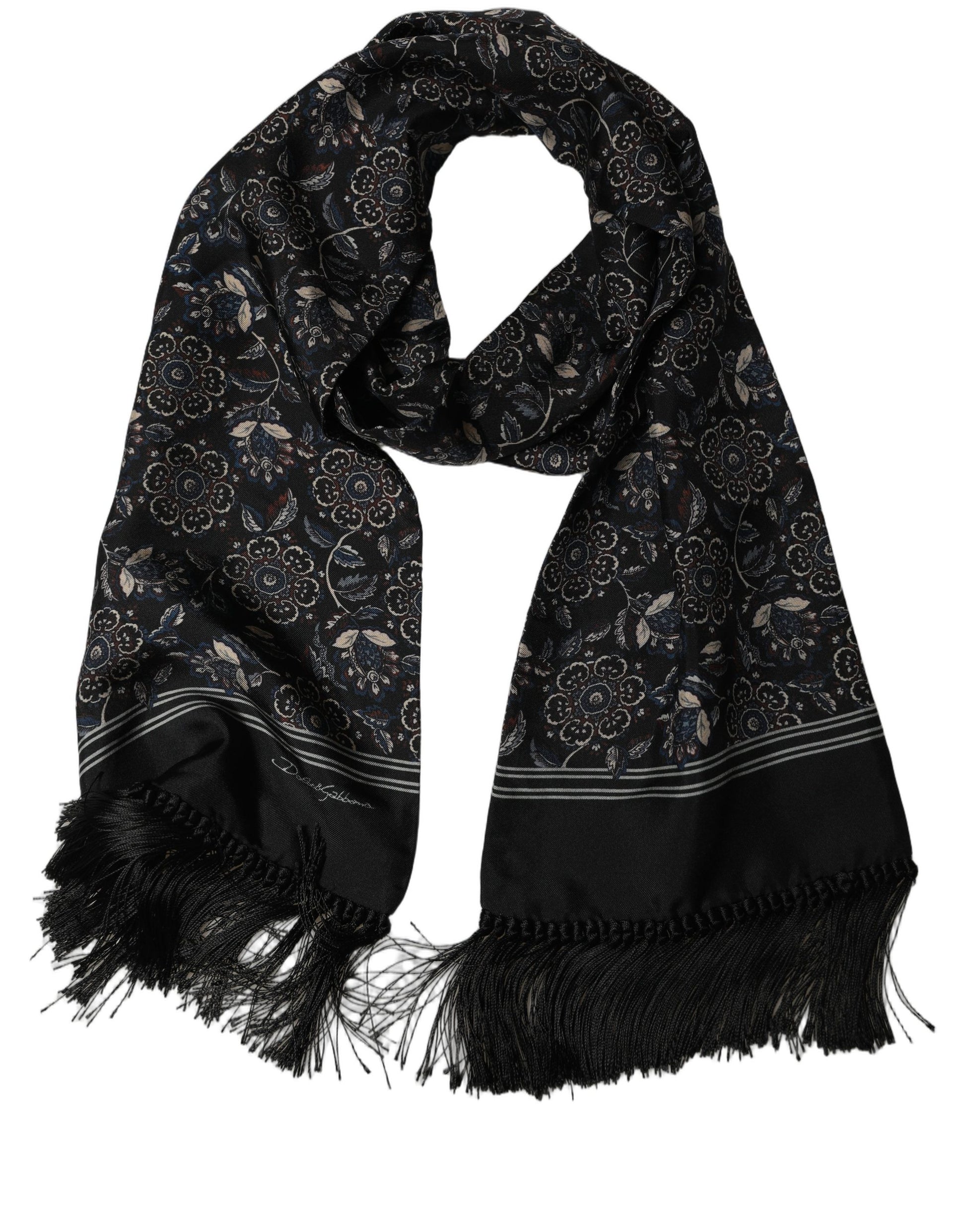 Black Silk Floral Paisley Fringed Shawl Scarf