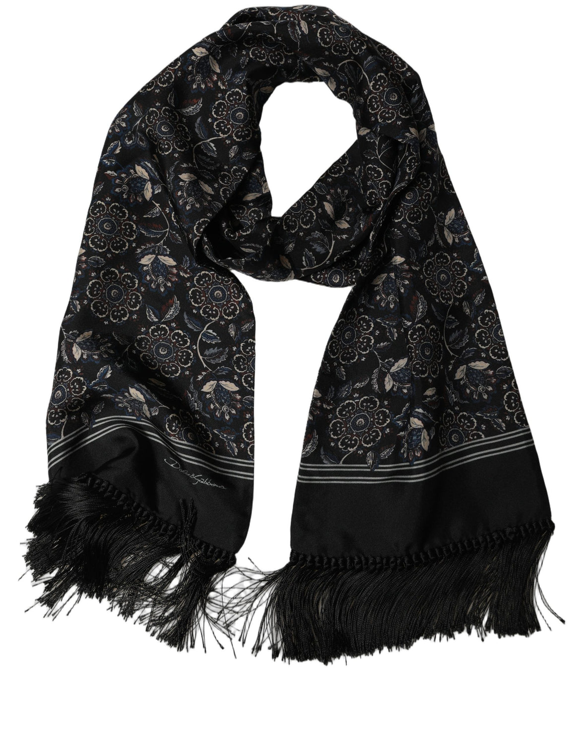 Black Silk Floral Paisley Fringed Shawl Scarf