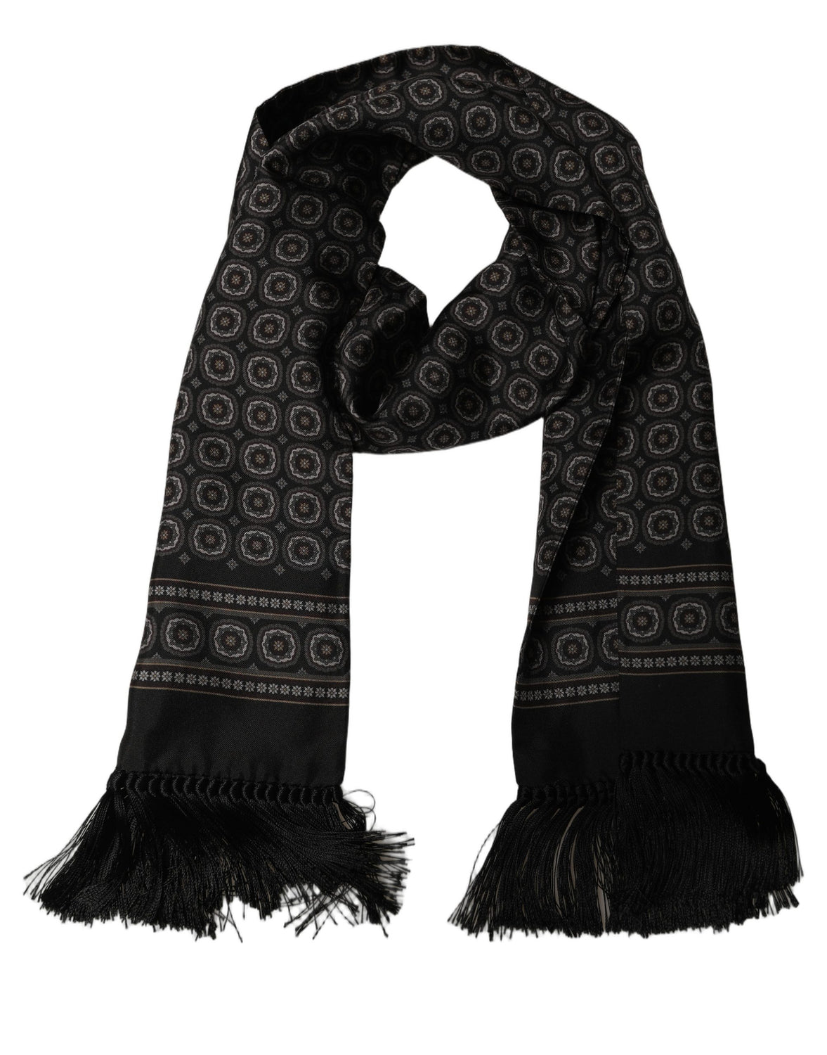 Black Silk Geometric Fringed Neck Shawl Scarf
