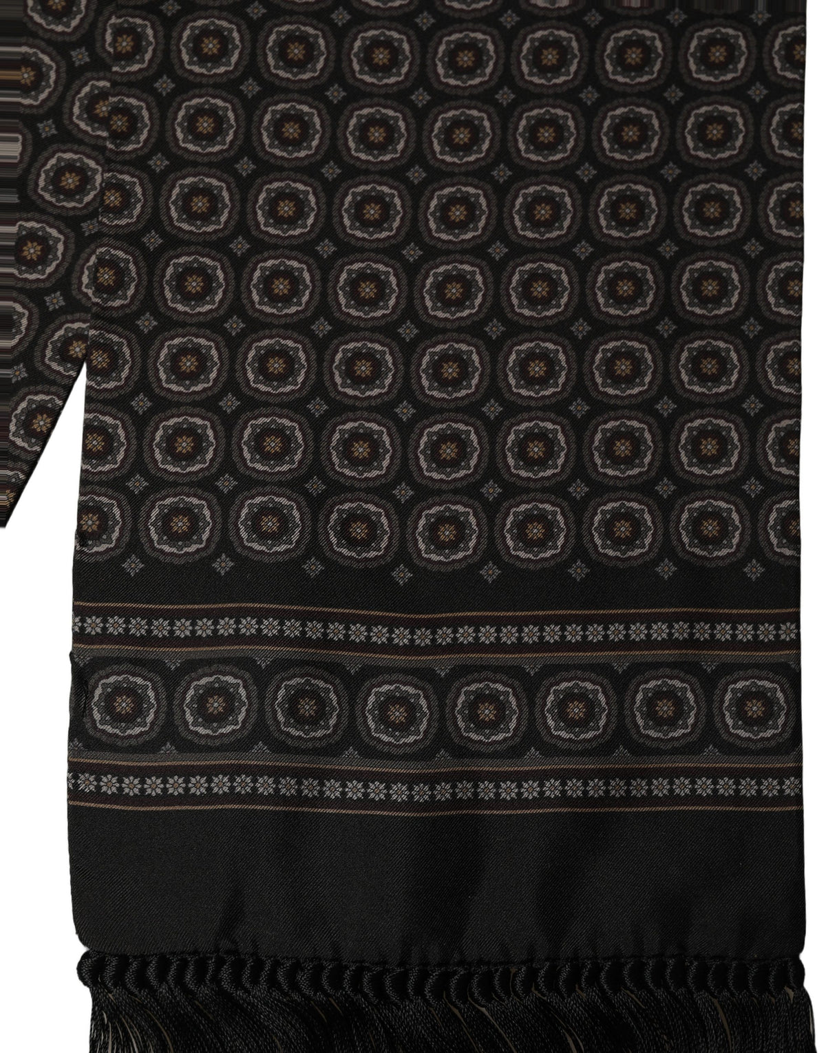 Black Silk Geometric Fringed Neck Shawl Scarf