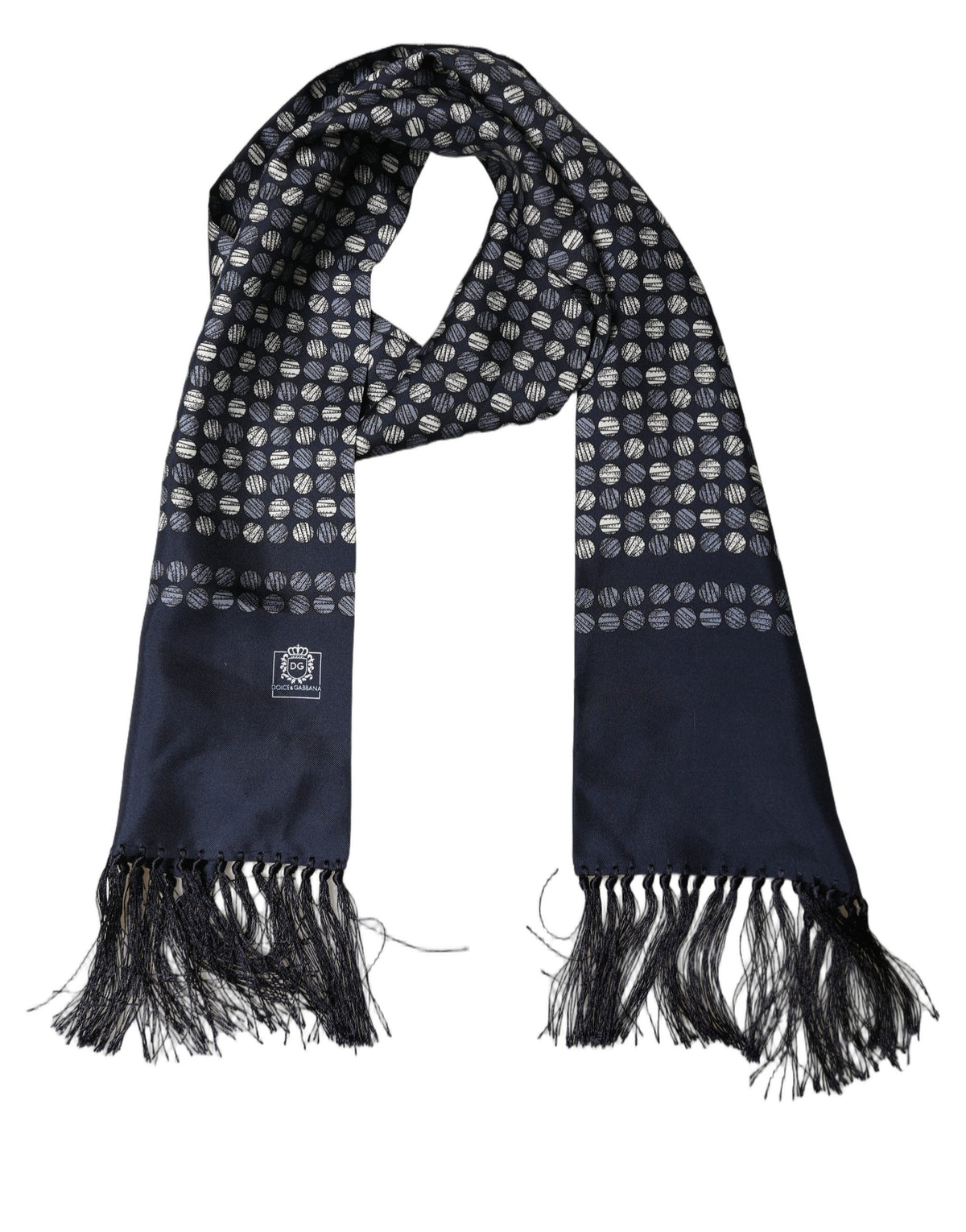 Men Navy Blue Geometric Dot Silk Fringed Neck Shawl Scarf