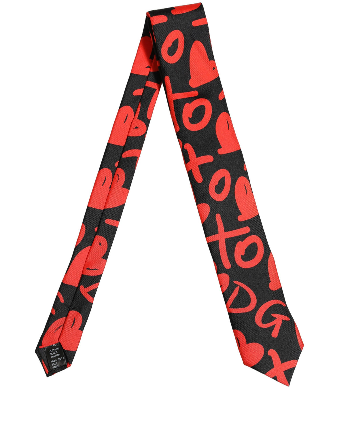Black Silk Red Graphic Hearts Adjustable Tied Necktie Tie