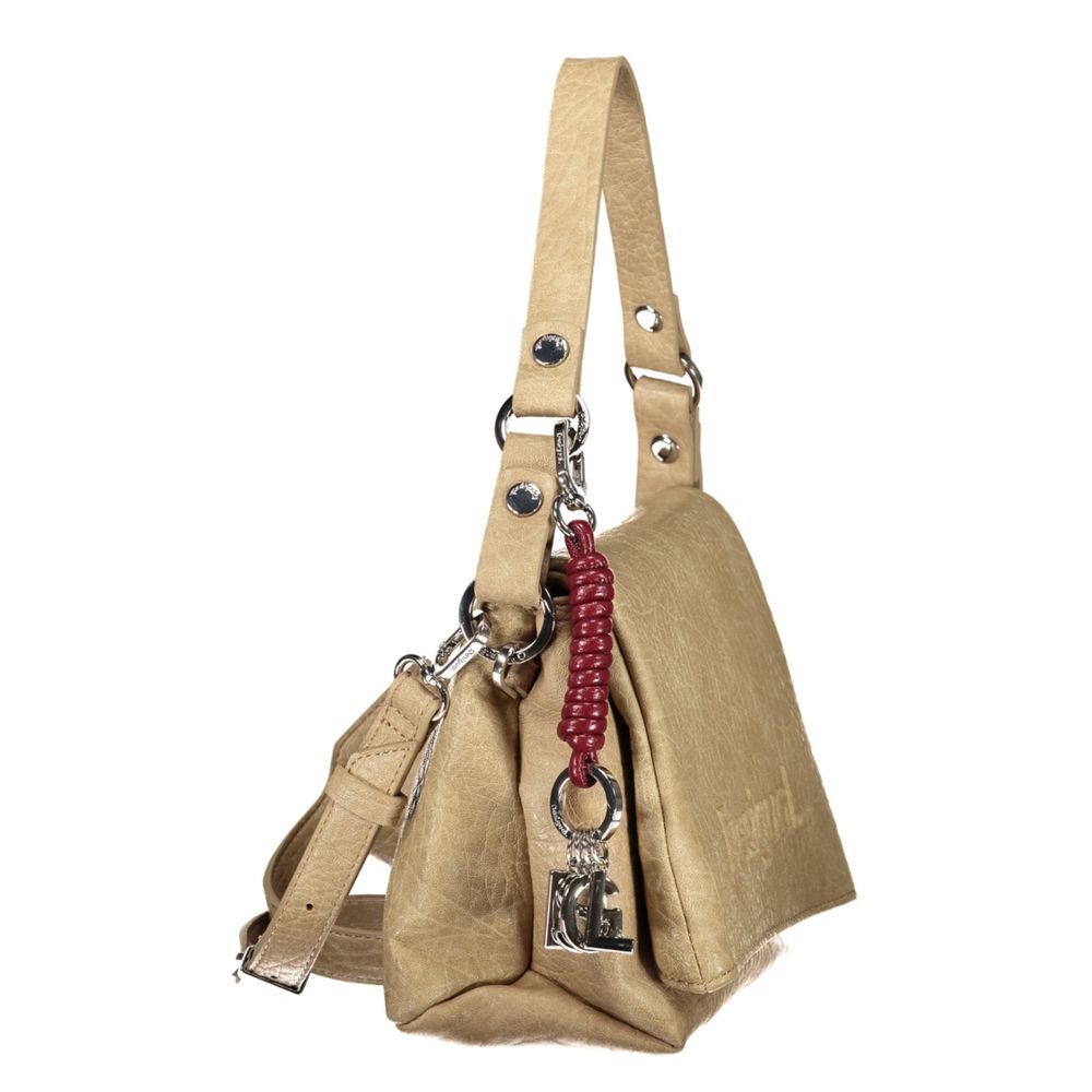 Beige Polyurethane Women's Bag with Removable Strap and Compartments