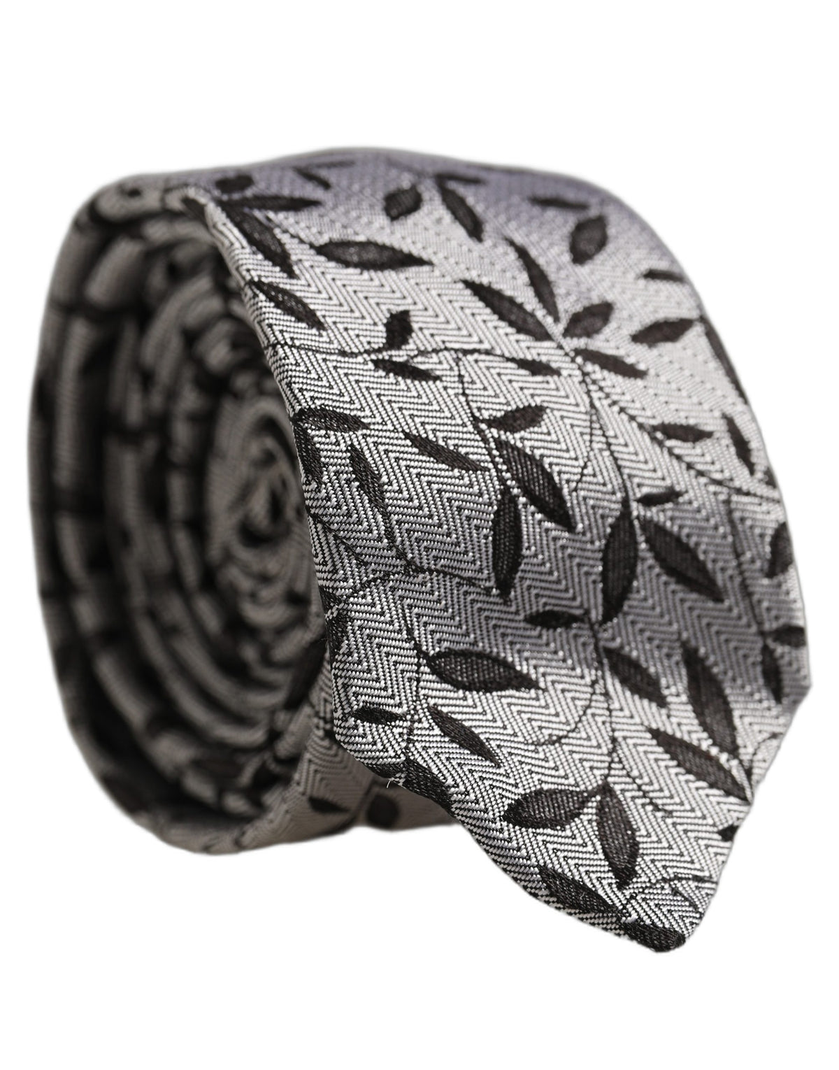 Men Gray Silk Leaf Pattern Adjustable Tied Necktie Tie