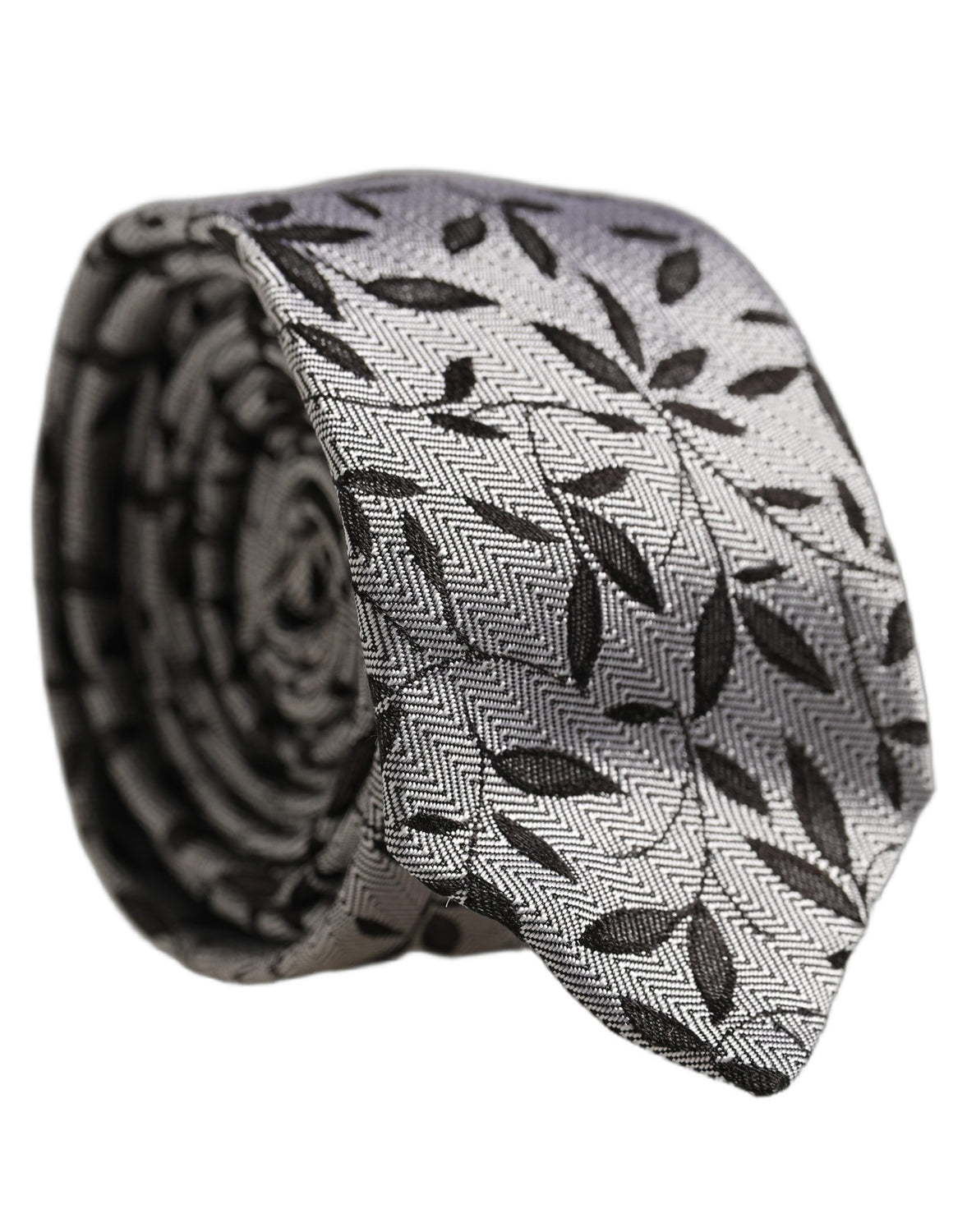 Men Gray Silk Leaf Pattern Adjustable Tied Necktie Tie