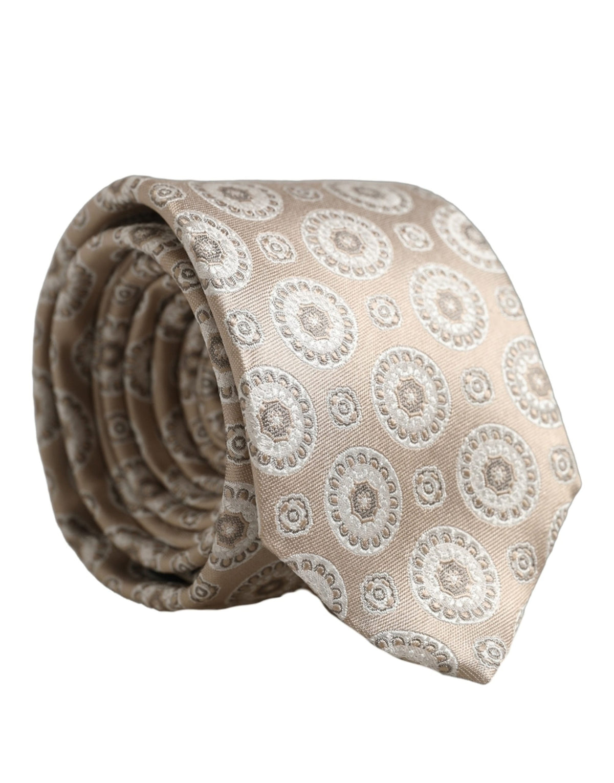Beige Silk Medallion Circle Adjustable Tied Necktie Tie