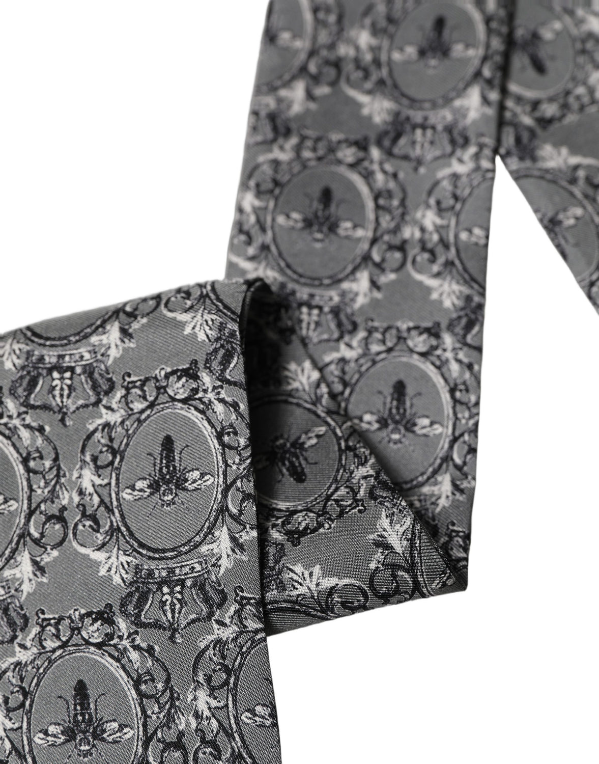 Men Gray Bee Silk Skinny Twilly Foulard Scarf