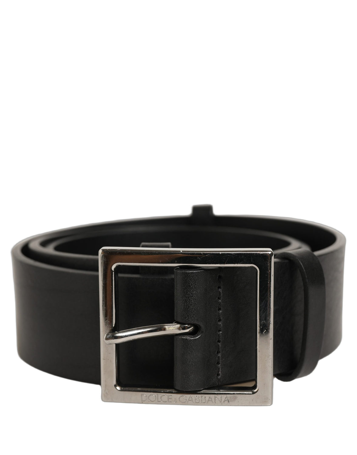 Black Leather Silver Tone Square Buckle Belt