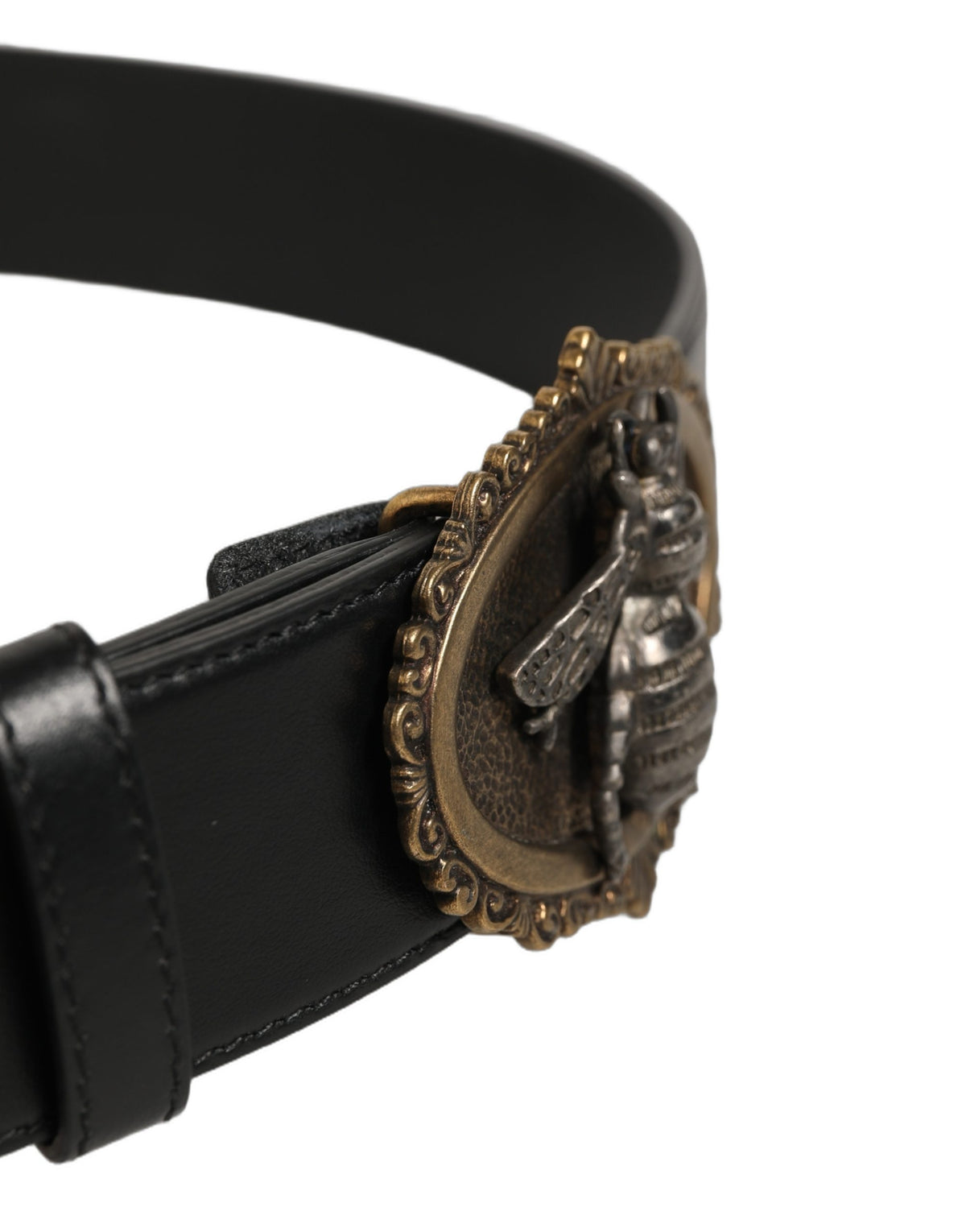 Black Leather Bee Accent Metal Buckle Belt