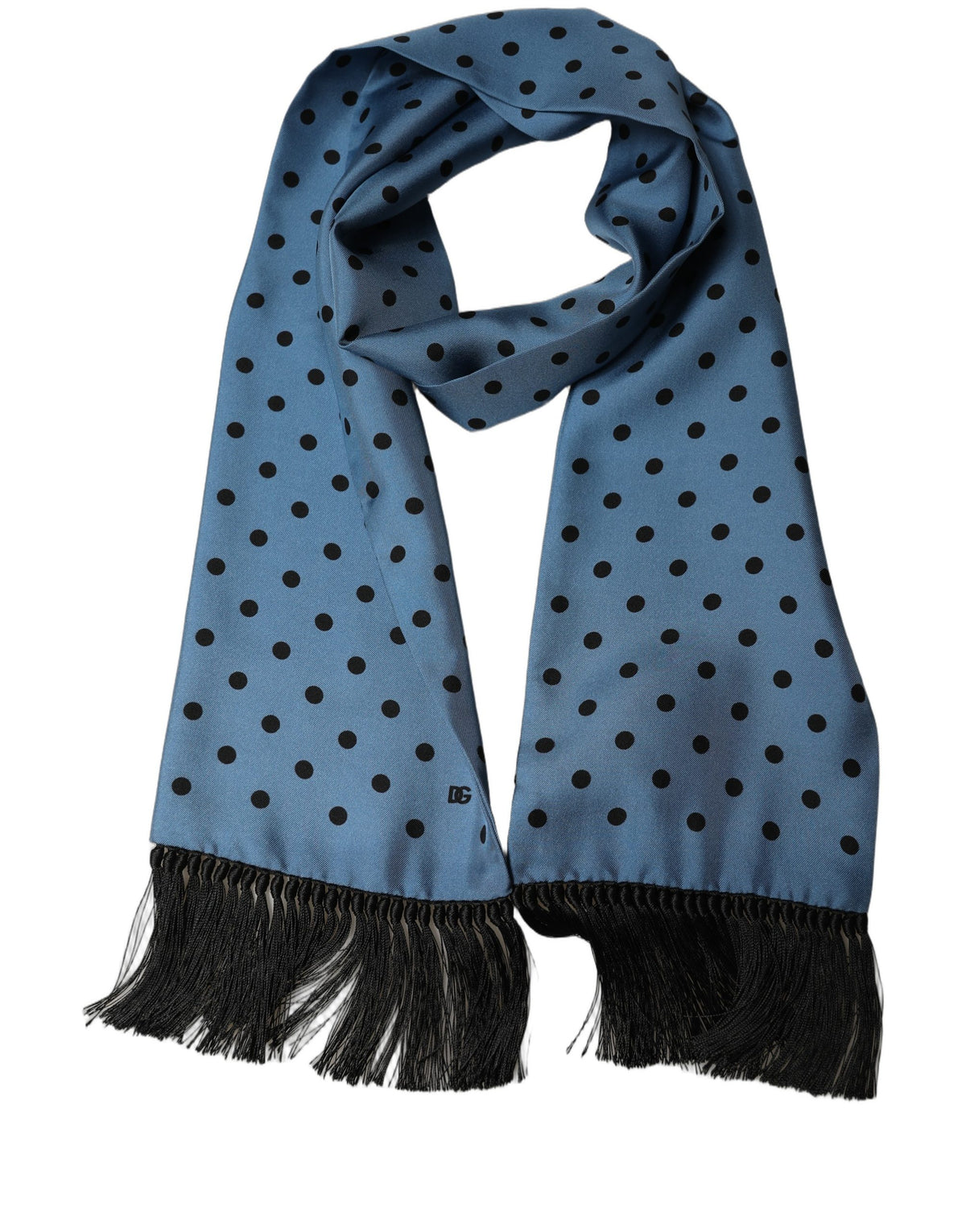 Blue Polka Dot Silk Fringed Lace Stole Scarf