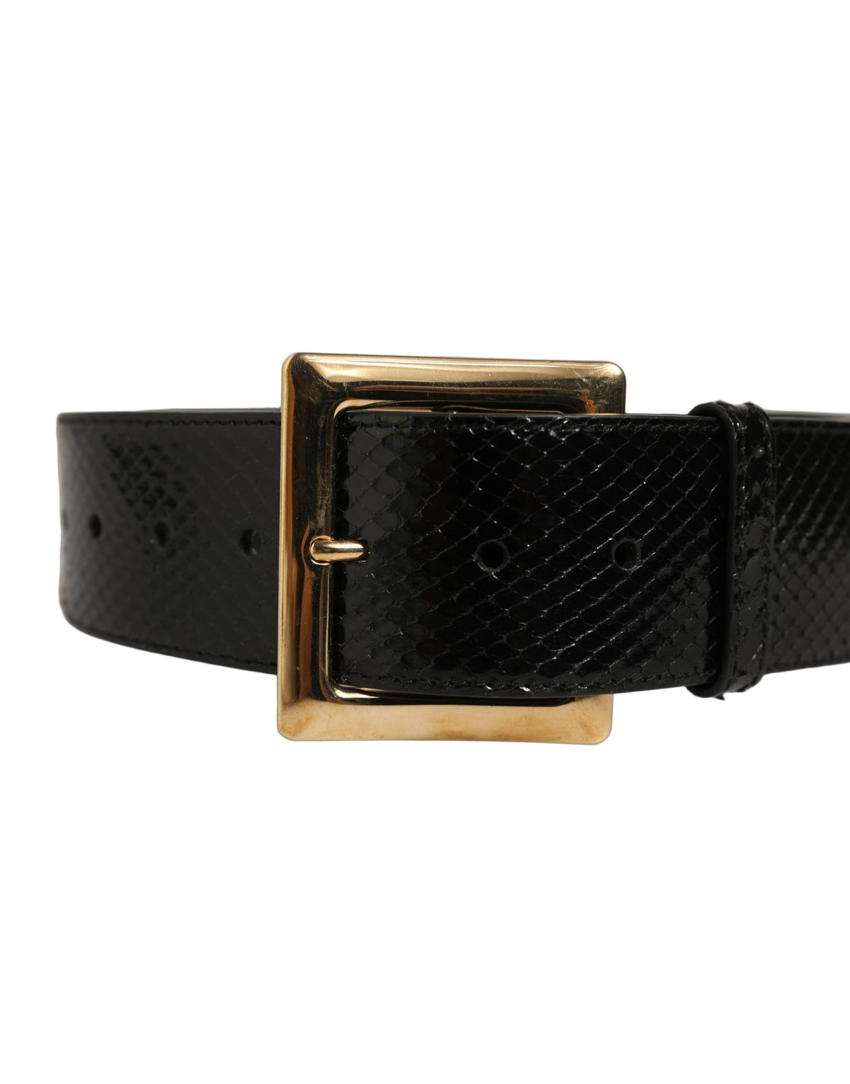 Black Exotic Leather Gold Metal Buckle Belt
